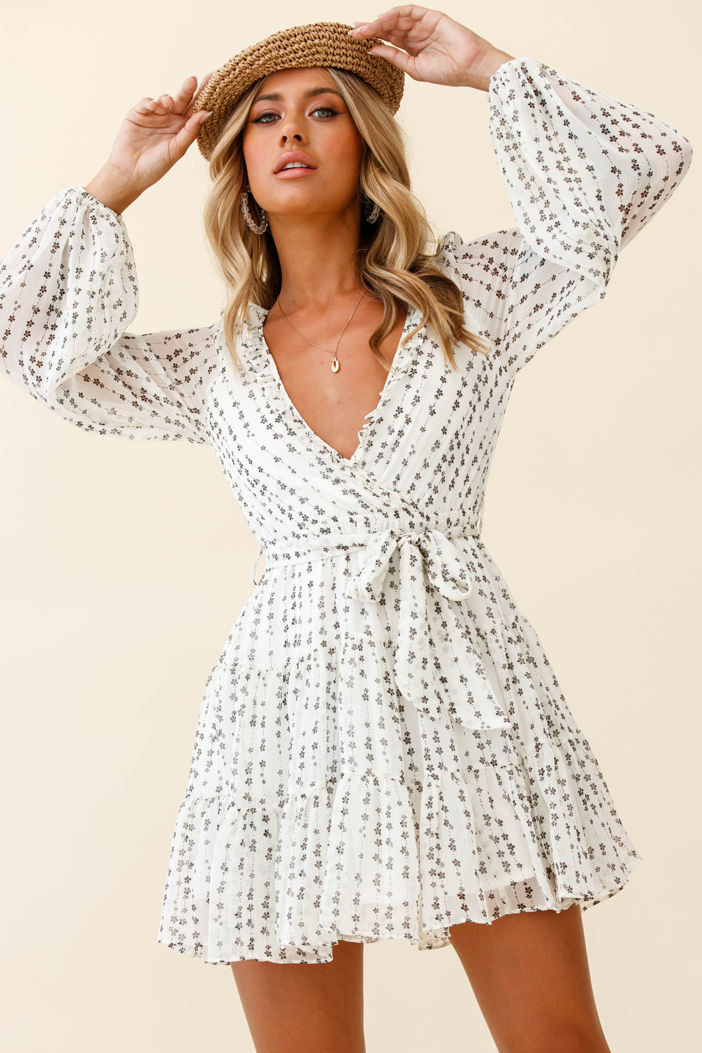 Provence Frill Trim Drawstring Waist Dress Floral Print White