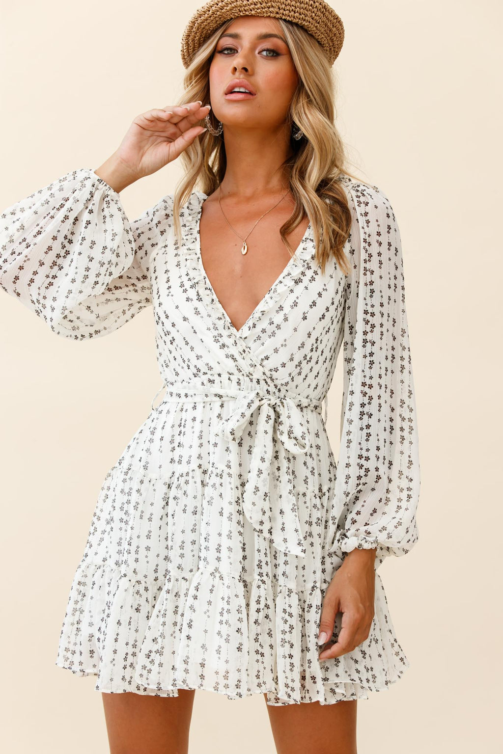 Floating On Clouds Long Sleeve Frill Trim Dress Floral Print White by Selfie Leslie