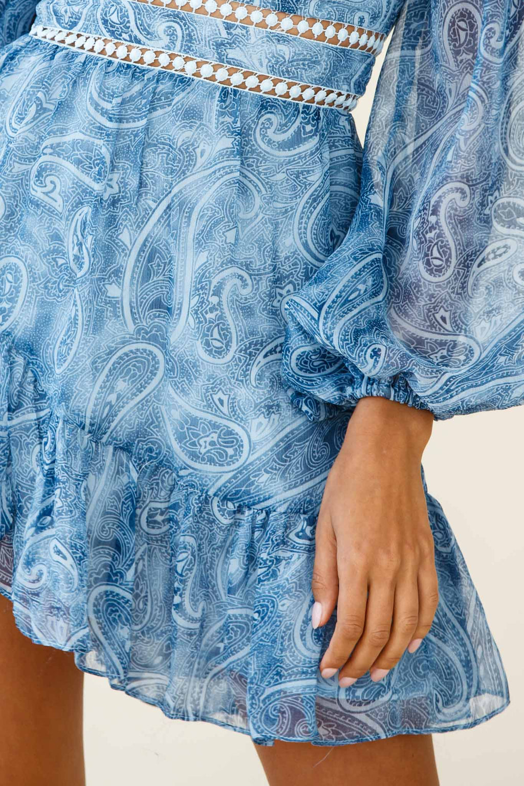 Moriah Long Sleeve Crochet Insert Dress Paisley Print Blue by Selfie Leslie