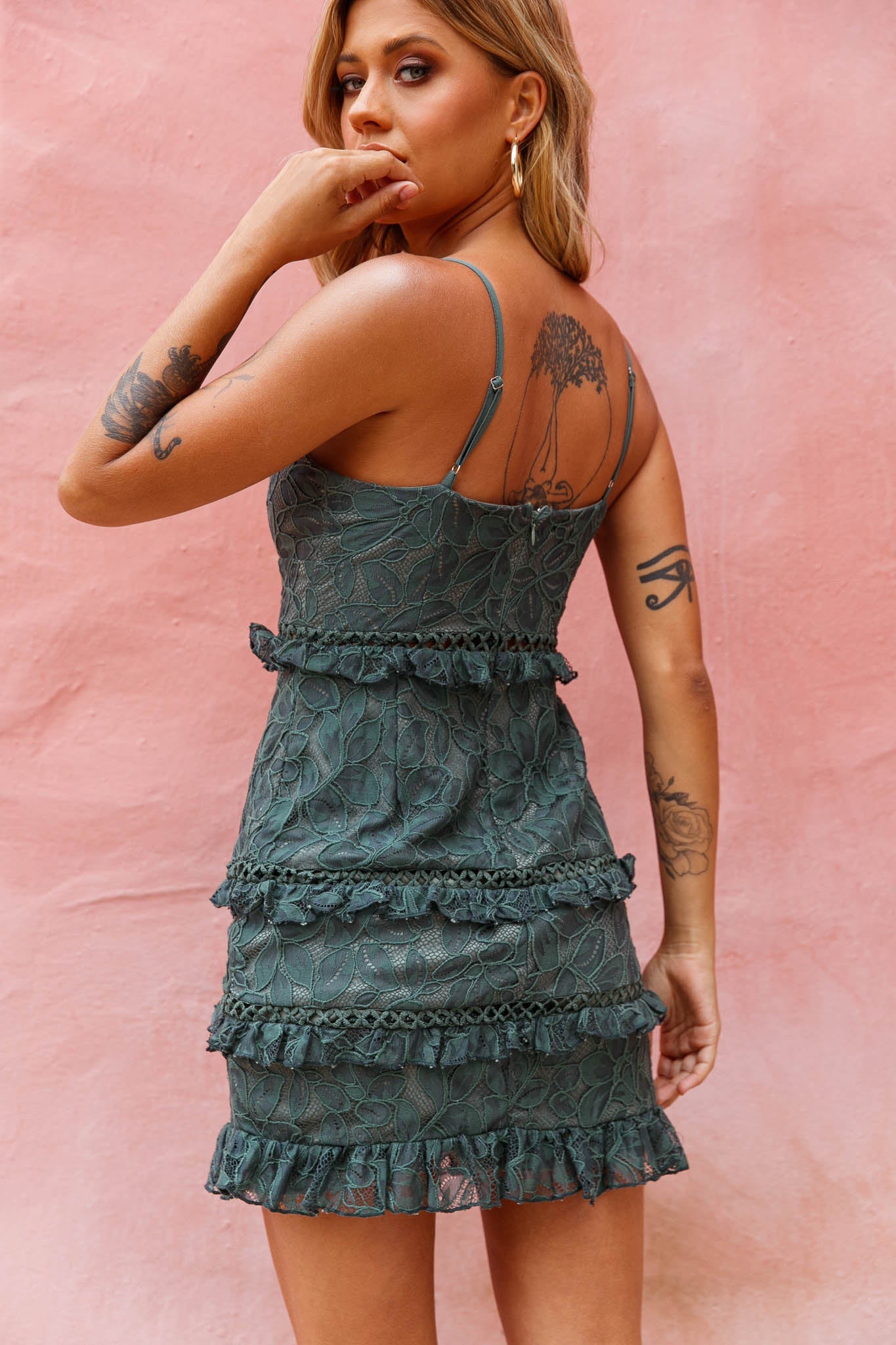 Dear Lover Cami Strap Frill Detail Lace Dress Green by Selfie Leslie