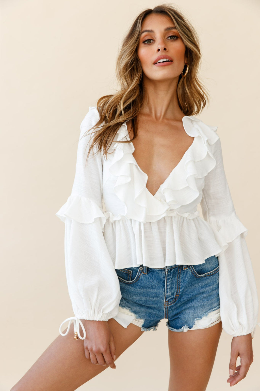 Candid Long Sleeve Split Back Top White by Selfie Leslie