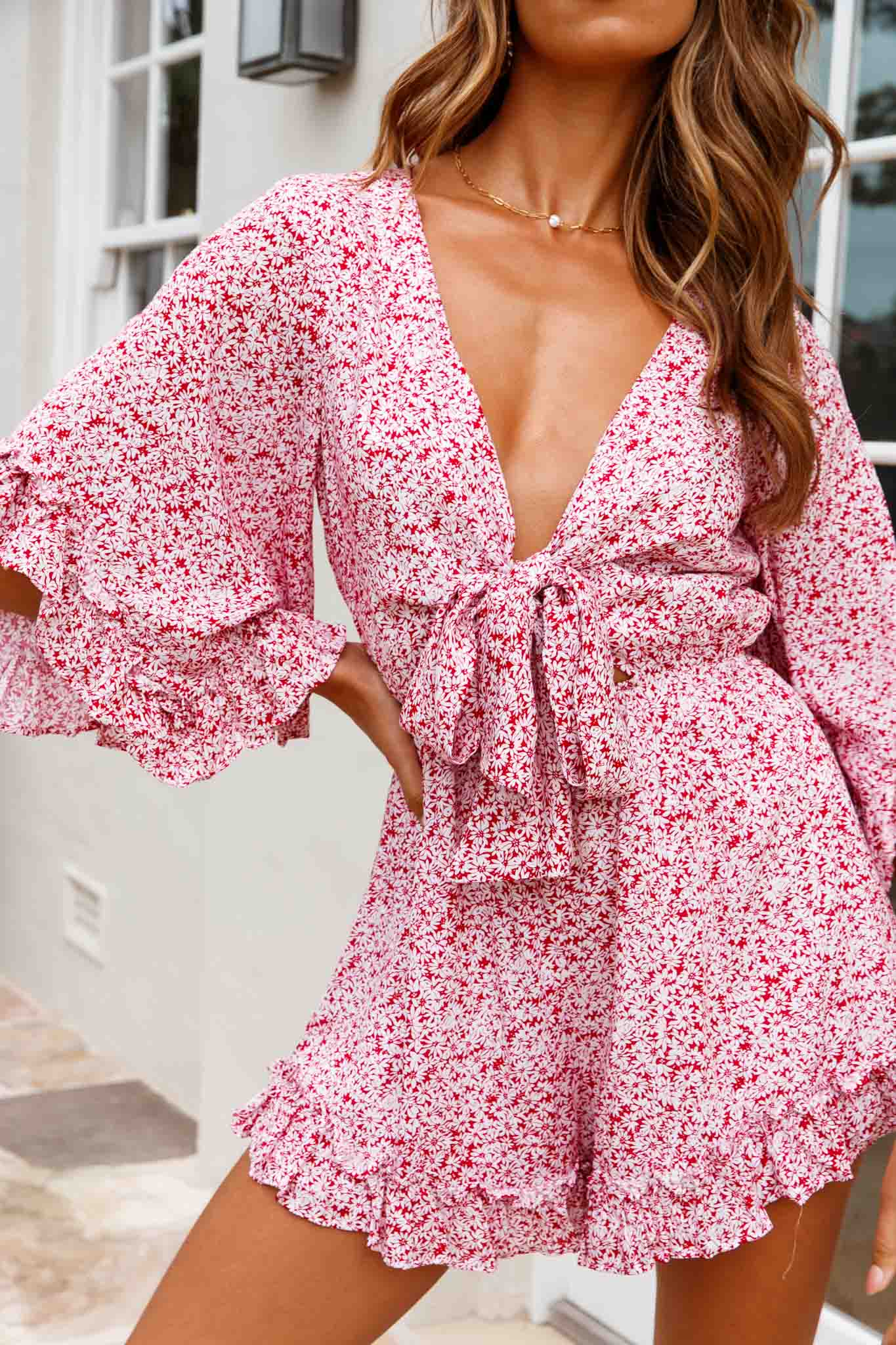 Athira Tied Bust Flared Sleeve Frill Romper Floral Print Red by Selfie Leslie