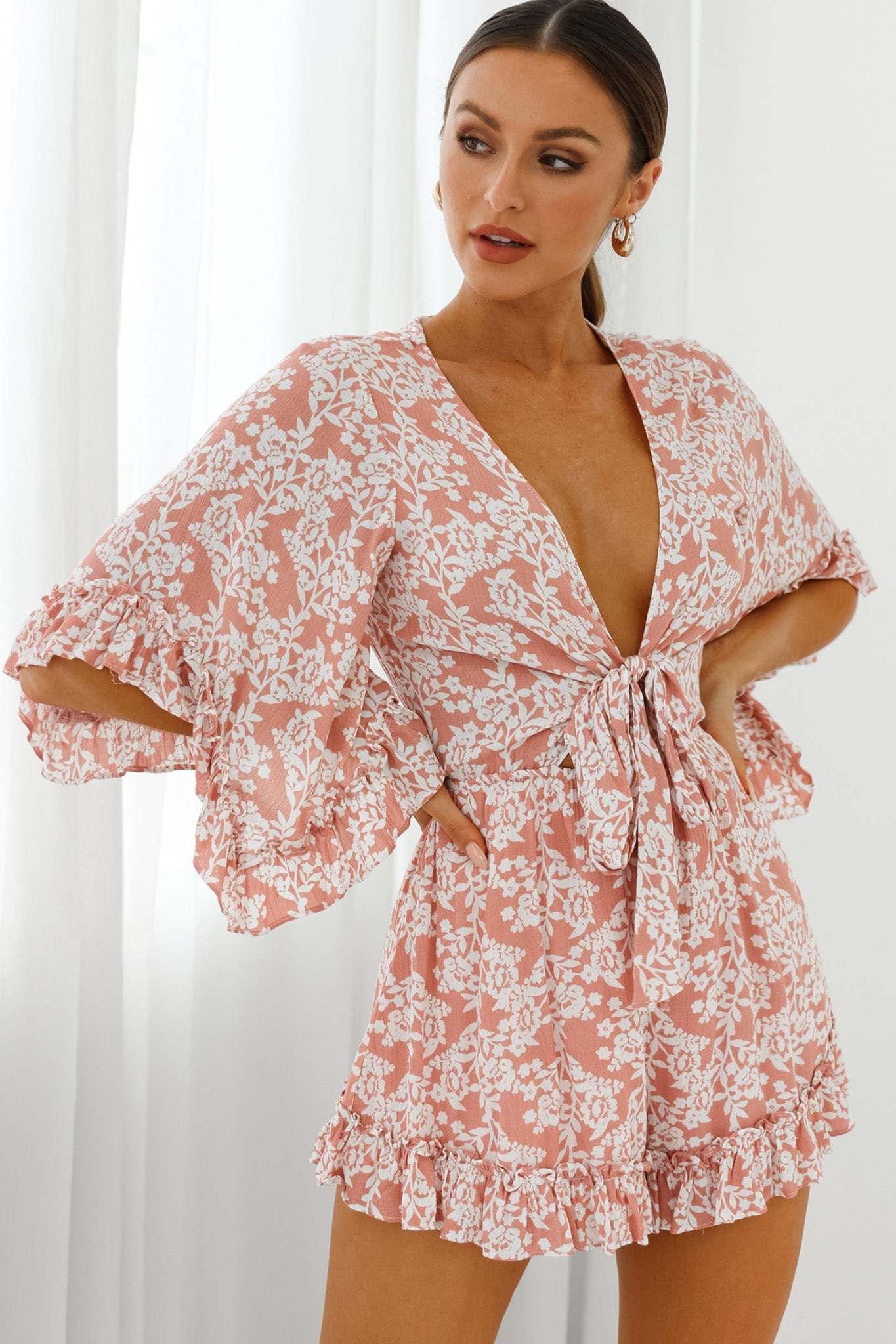 Athira Tied Bust Flared Sleeve Romper Floral Stencil Print Pink by Selfie Leslie