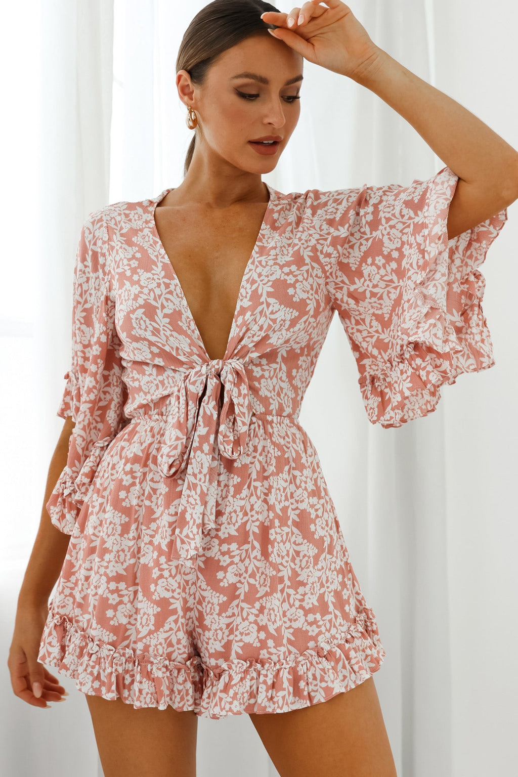 Athira Tied Bust Flared Sleeve Romper Floral Stencil Print Pink by Selfie Leslie