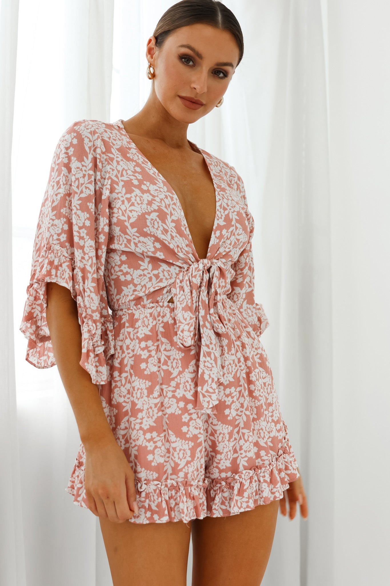 Athira Tied Bust Flared Sleeve Romper Floral Stencil Print Pink by Selfie Leslie
