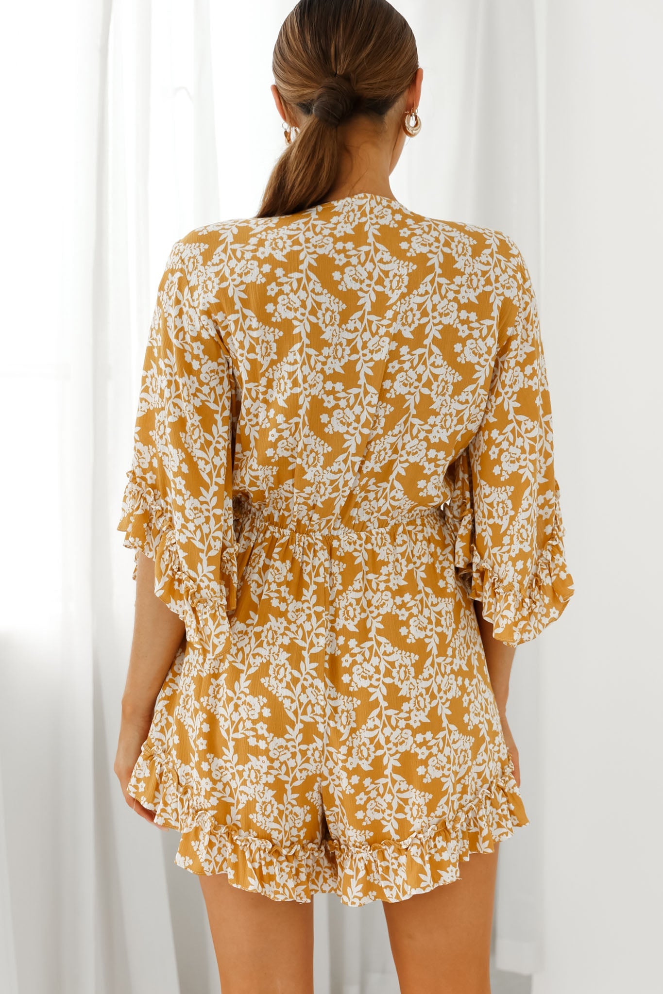 Athira Tied Bust Flared Sleeve Floral Stencil Print Romper Yellow by Selfie Leslie