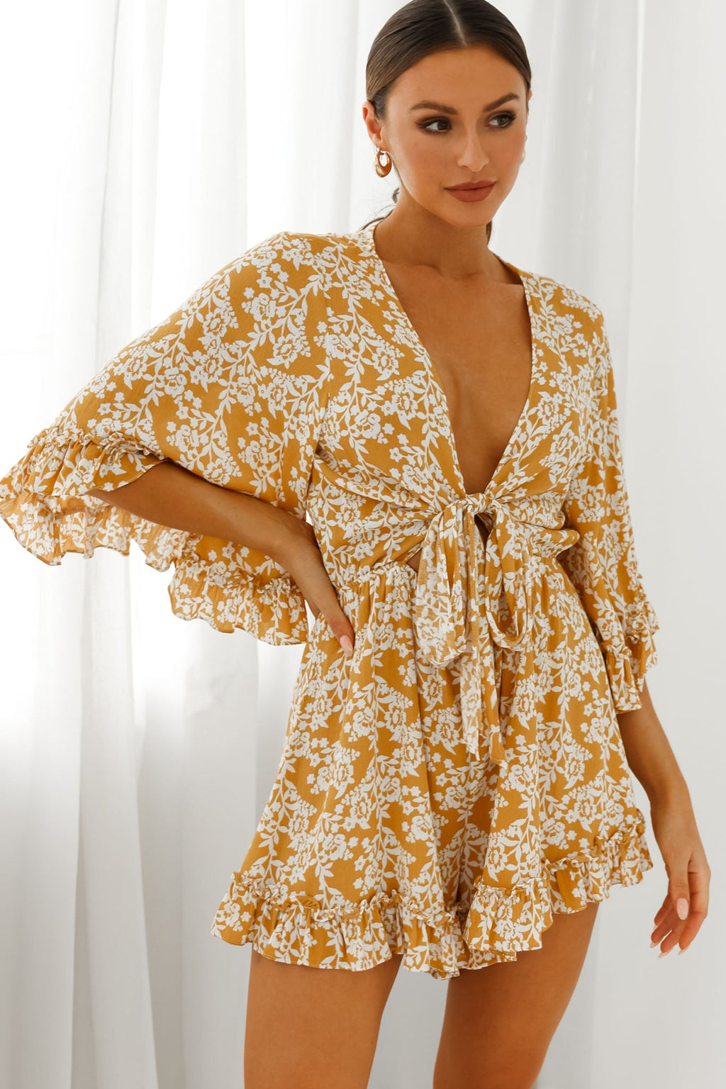 Athira Tied Bust Flared Sleeve Floral Stencil Print Romper Yellow by Selfie Leslie