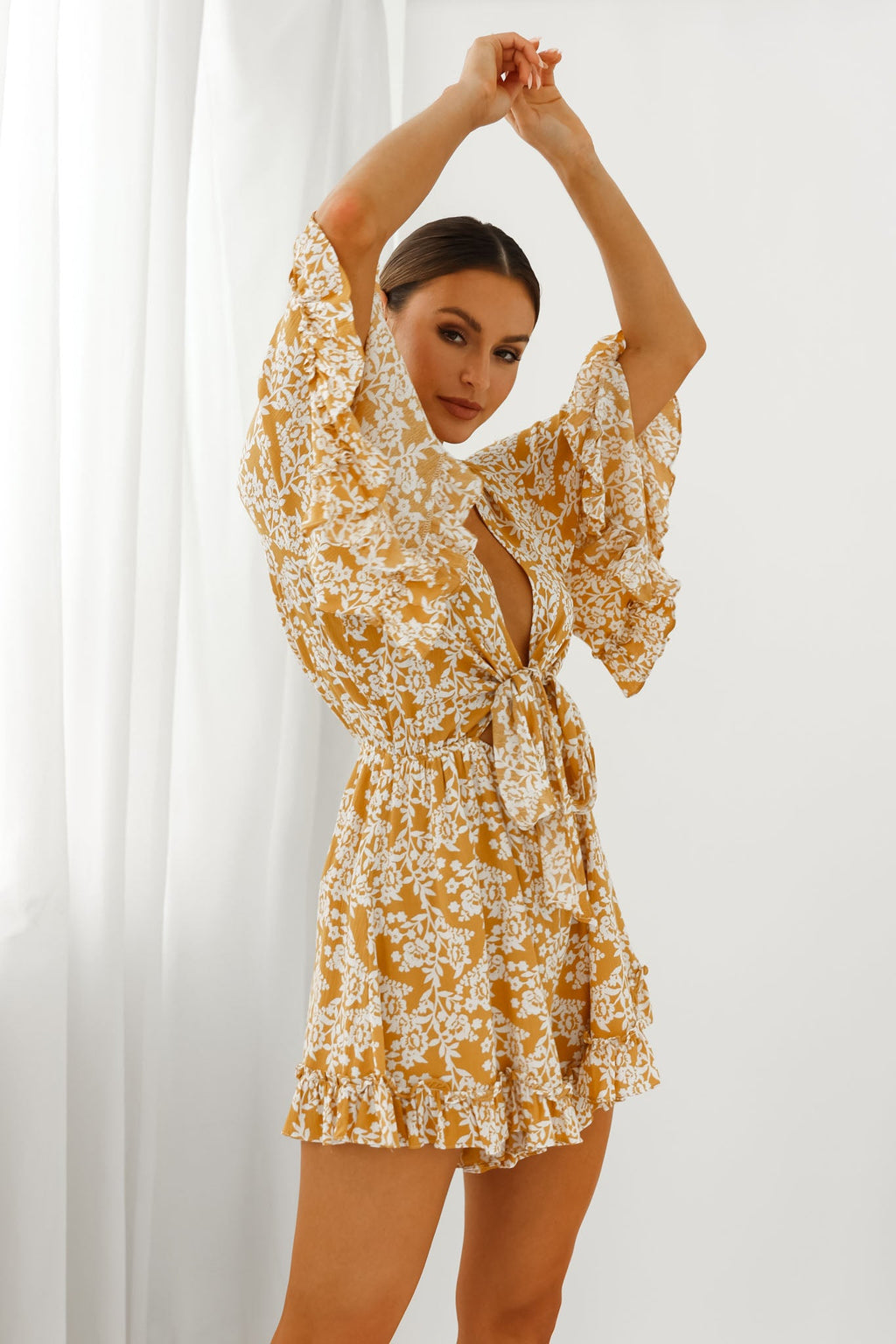 Athira Tied Bust Flared Sleeve Floral Stencil Print Romper Yellow by Selfie Leslie