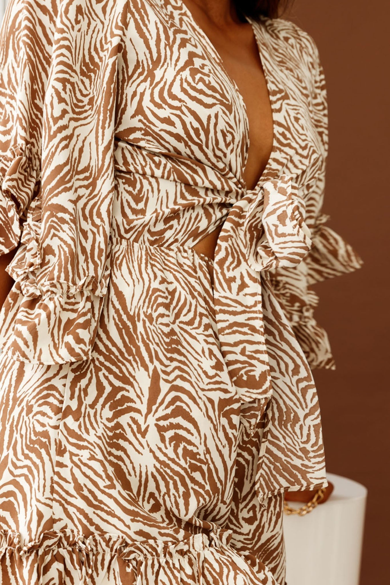 Athira Tied Bust Flared Sleeve Romper Zebra Print Brown/Beige by Selfie Leslie