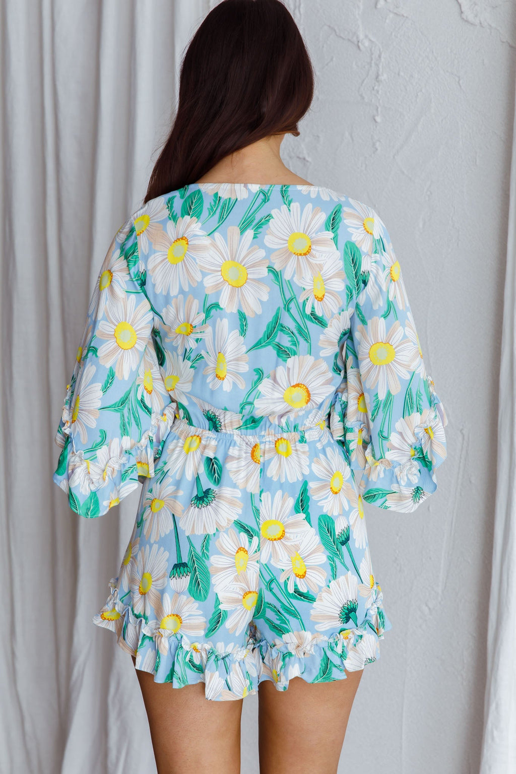 Athira Tied Bust Flared Sleeve Romper Daisy Blue by Selfie Leslie