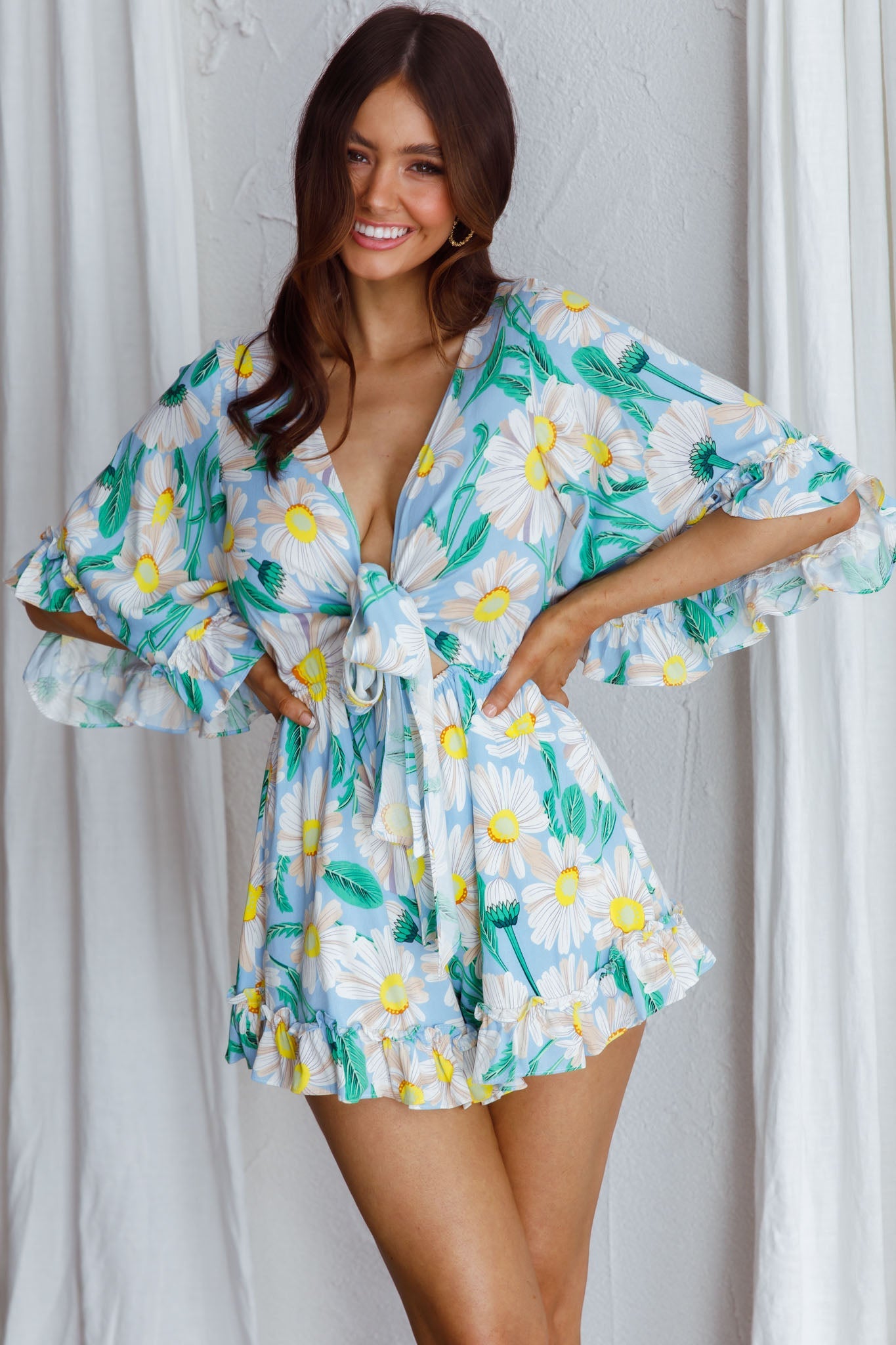 Athira Tied Bust Flared Sleeve Romper Daisy Blue by Selfie Leslie