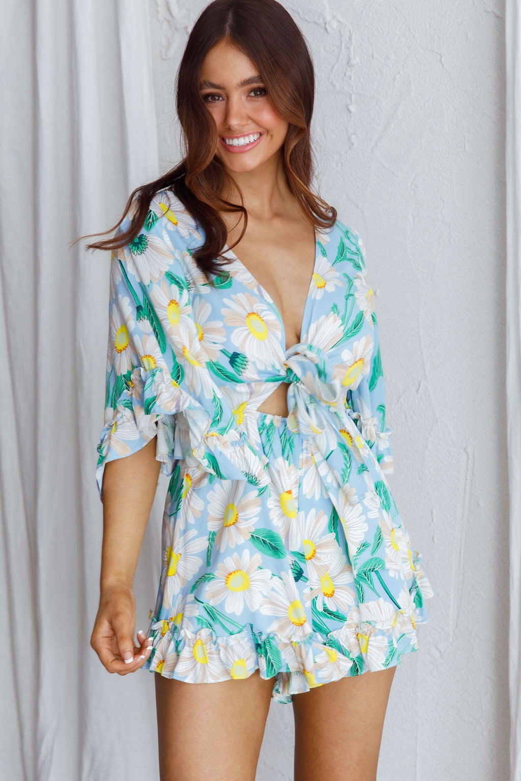 Athira Tied Bust Flared Sleeve Romper Daisy Blue by Selfie Leslie