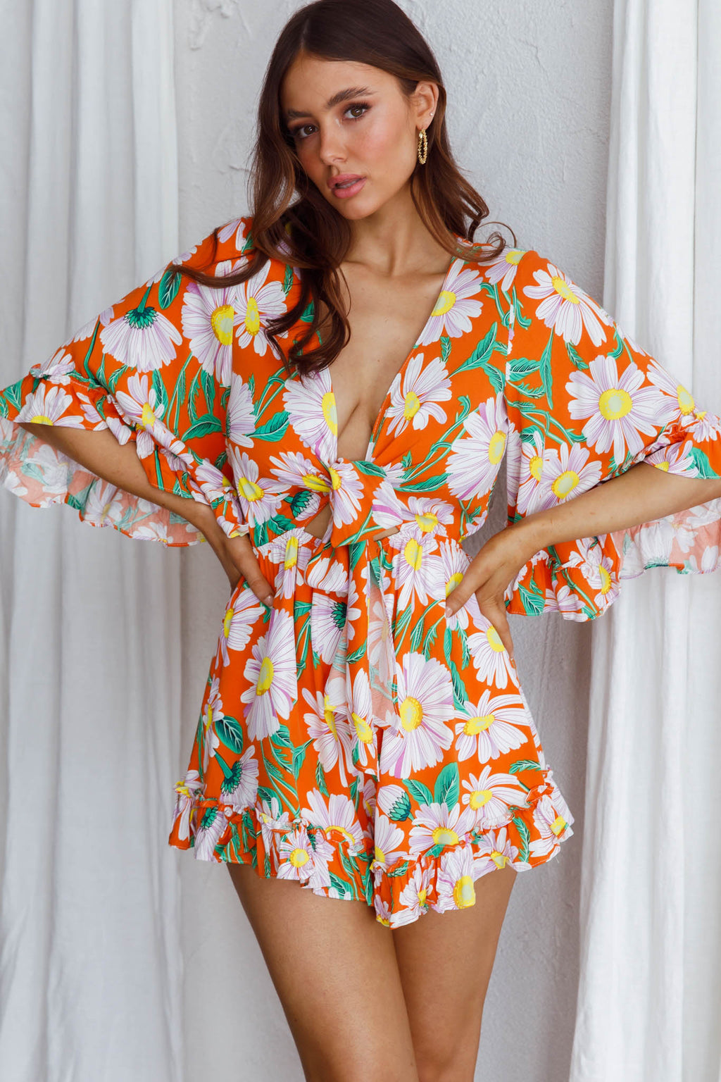 Athira Tied Bust Flared Sleeve Romper Daisy Orange by Selfie Leslie Australia