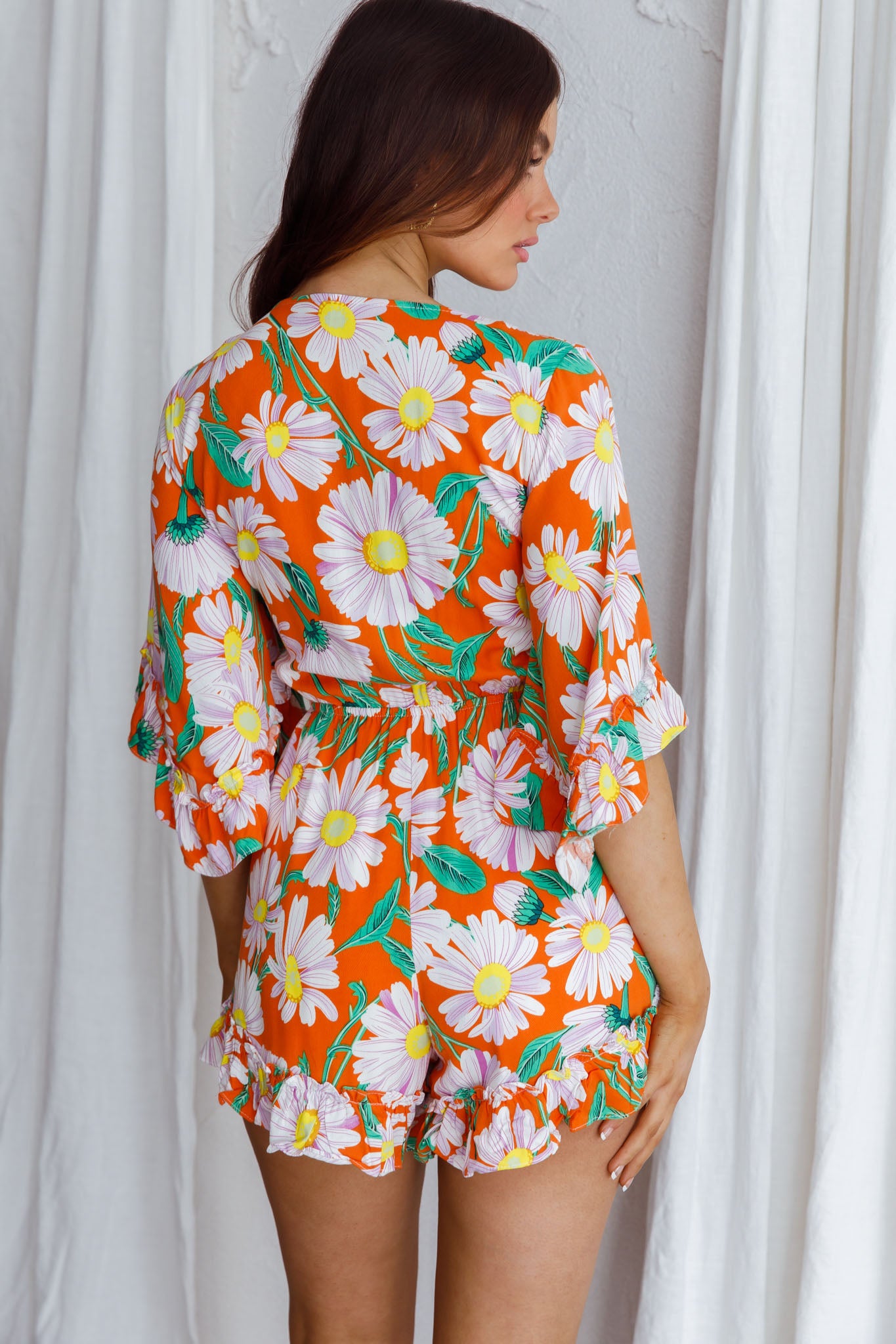 Athira Tied Bust Flared Sleeve Romper Daisy Orange by Selfie Leslie Australia