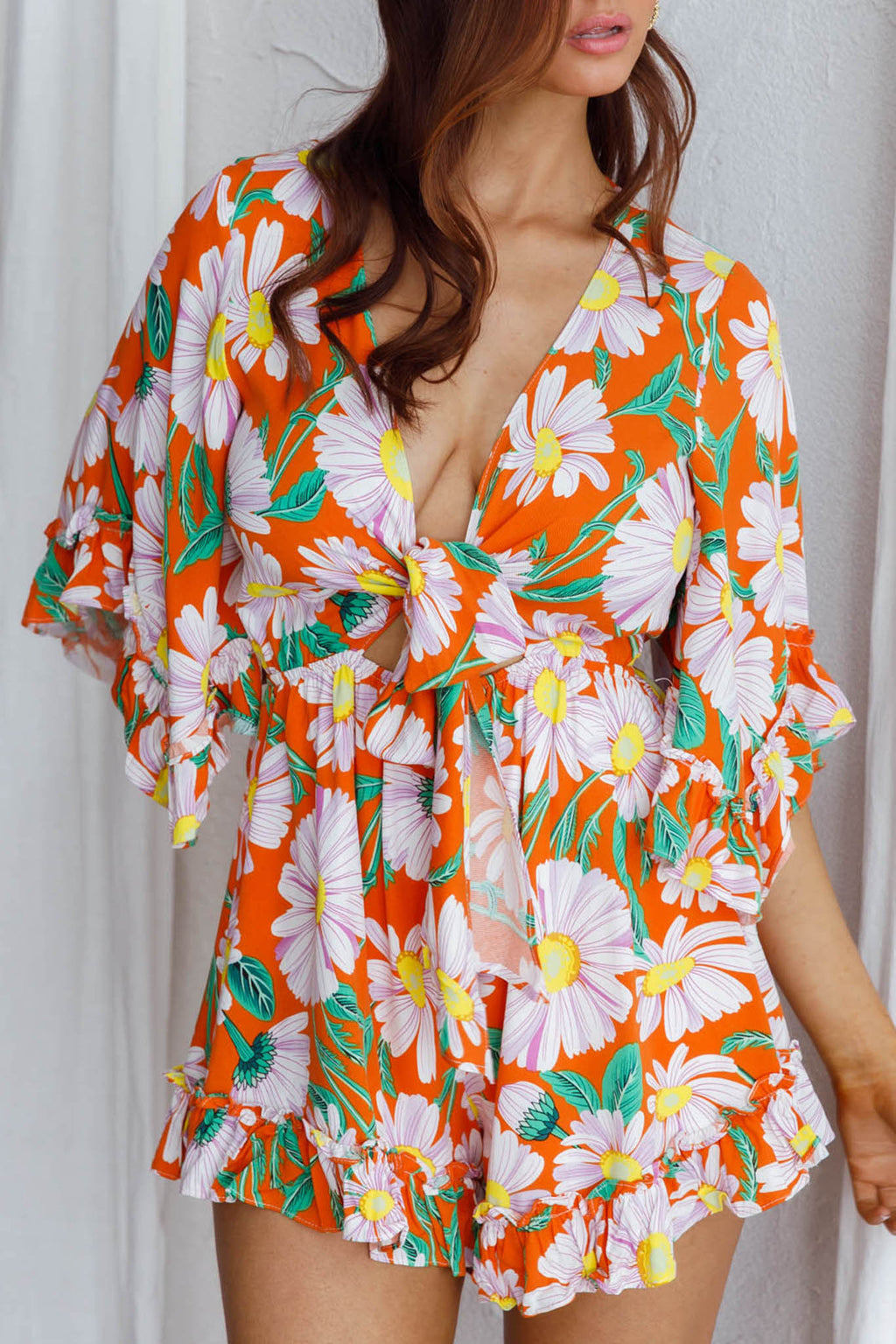 Athira Tied Bust Flared Sleeve Romper Daisy Orange by Selfie Leslie Australia