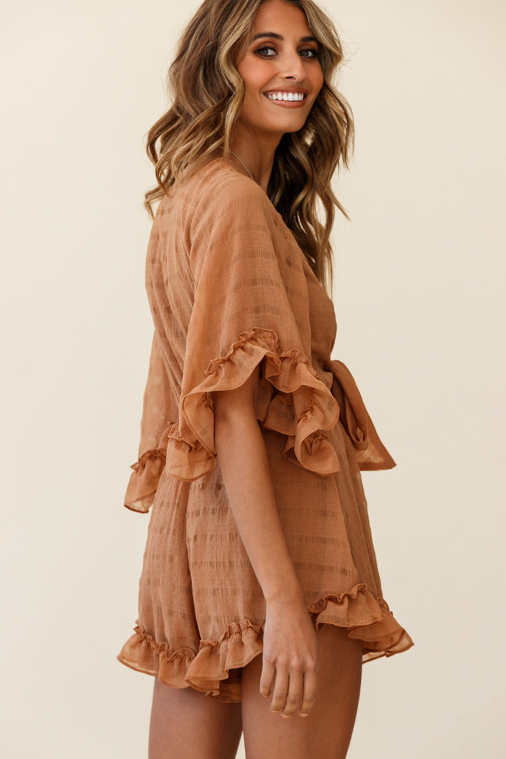 Athira Tied Bust Flared Sleeve Frill Romper Tan by Selfie Leslie