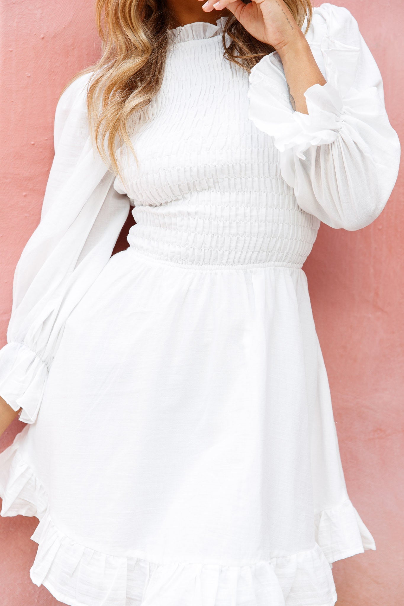 Marianna Long Sleeve Shirred Bust Dress White by Selfie Leslie
