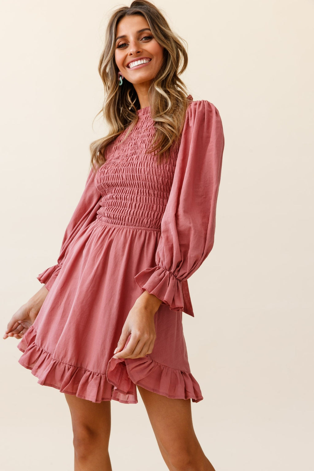 Marianna Long Sleeve Shirred Bust Dress Rose by Selfie Leslie