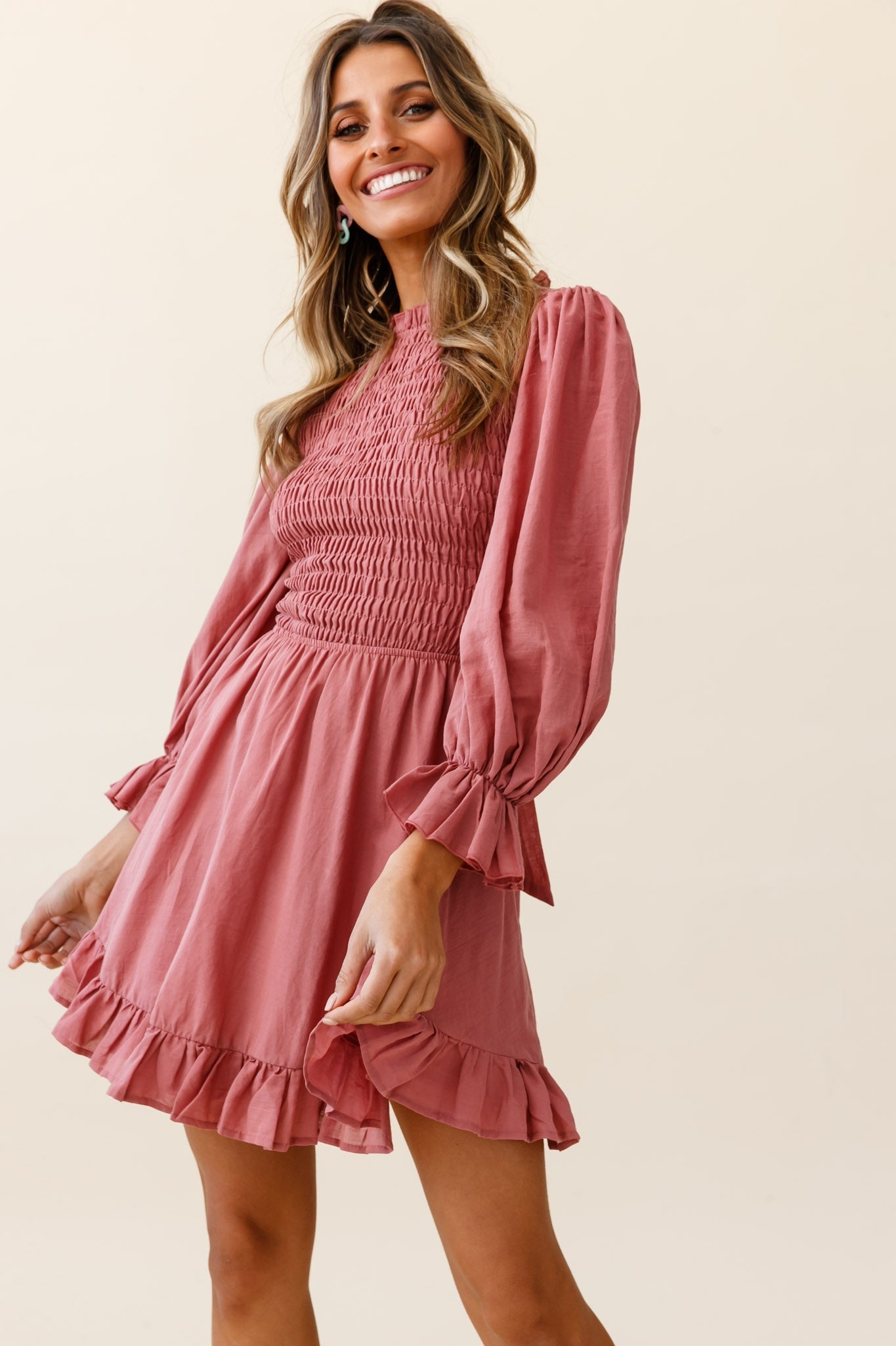 Marianna Long Sleeve Shirred Bust Dress Rose by Selfie Leslie