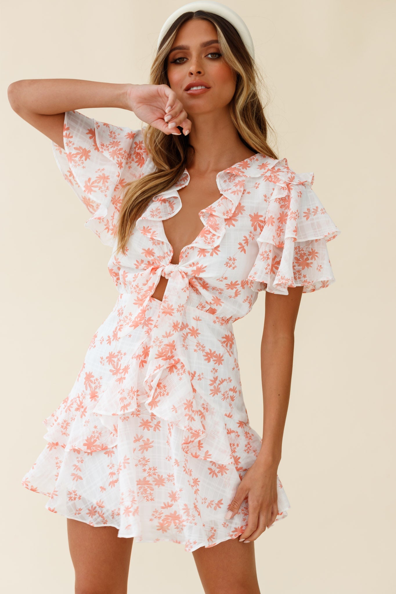 Aubrey Tied Bust Ruffle Trim Dress Floral Print Pink by Selfie Leslie