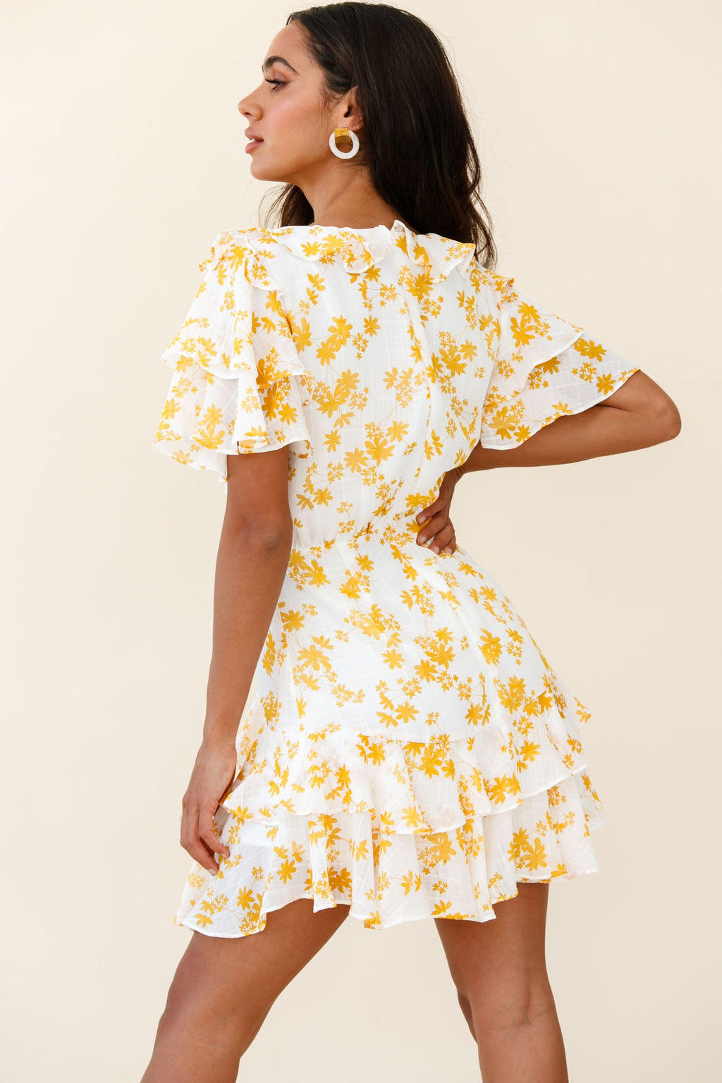 Aubrey Tied Bust Ruffle Trim Dress Floral Print Yellow by Selfie Leslie