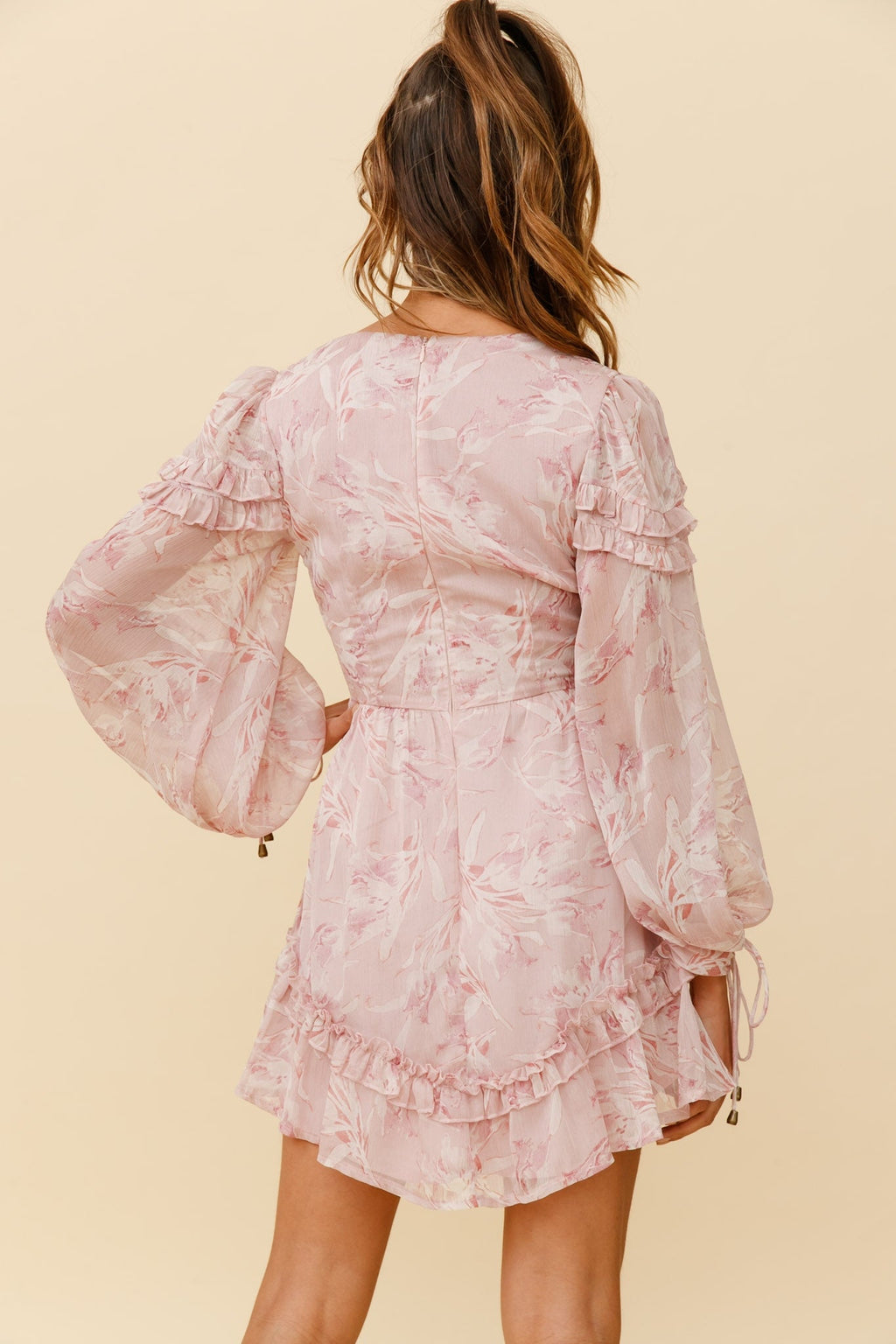 Katelyn Long Balloon Sleeve Frill Accent Dress Floral Print Pink by Selfie Leslie