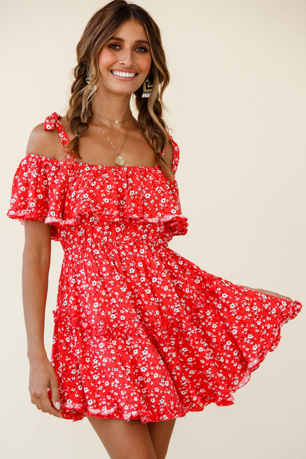 Hacienda Bardot Neckline Frill Dress Floral Print Red by Selfie Leslie