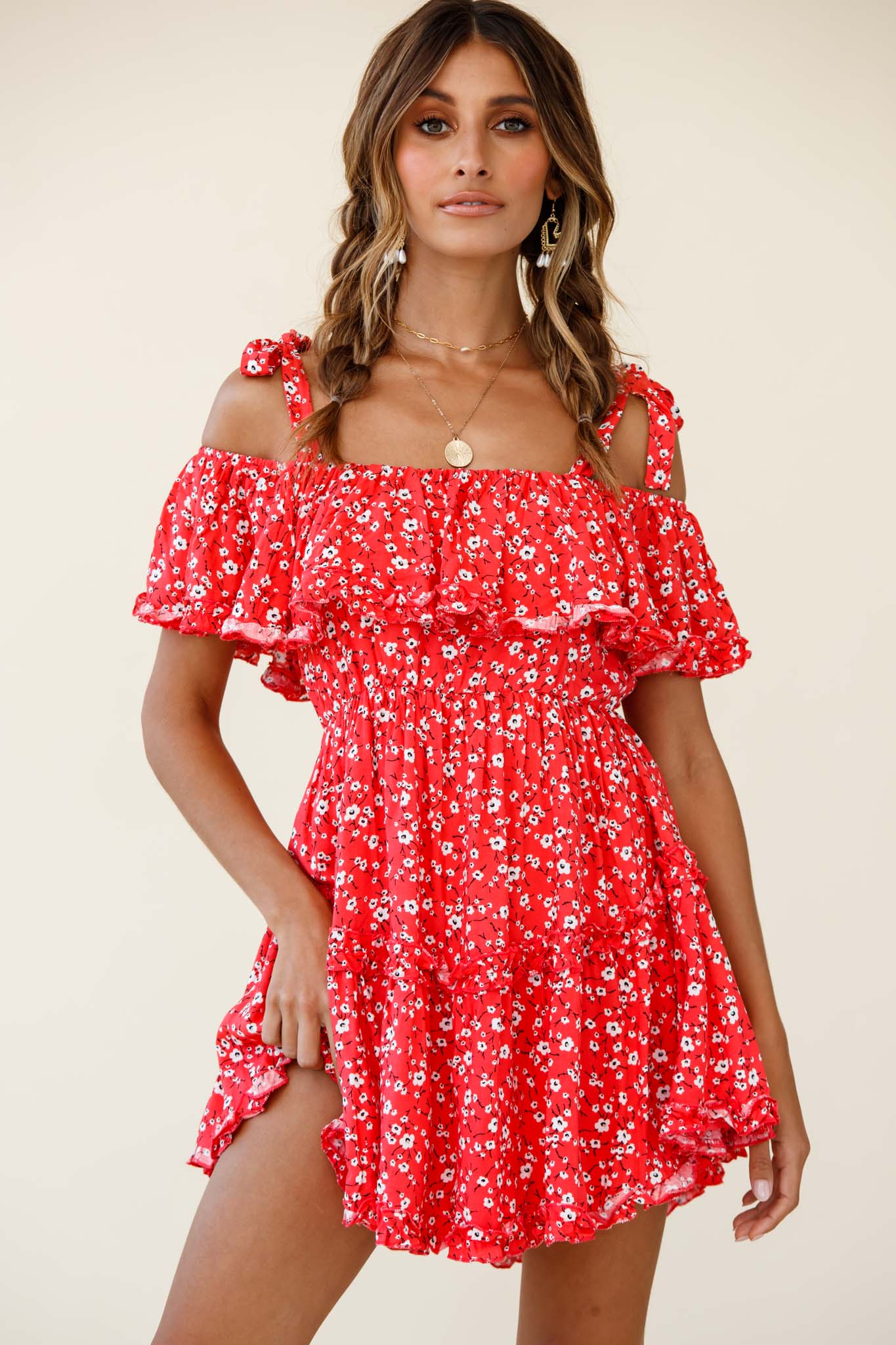 Hacienda Bardot Neckline Frill Dress Floral Print Red by Selfie Leslie