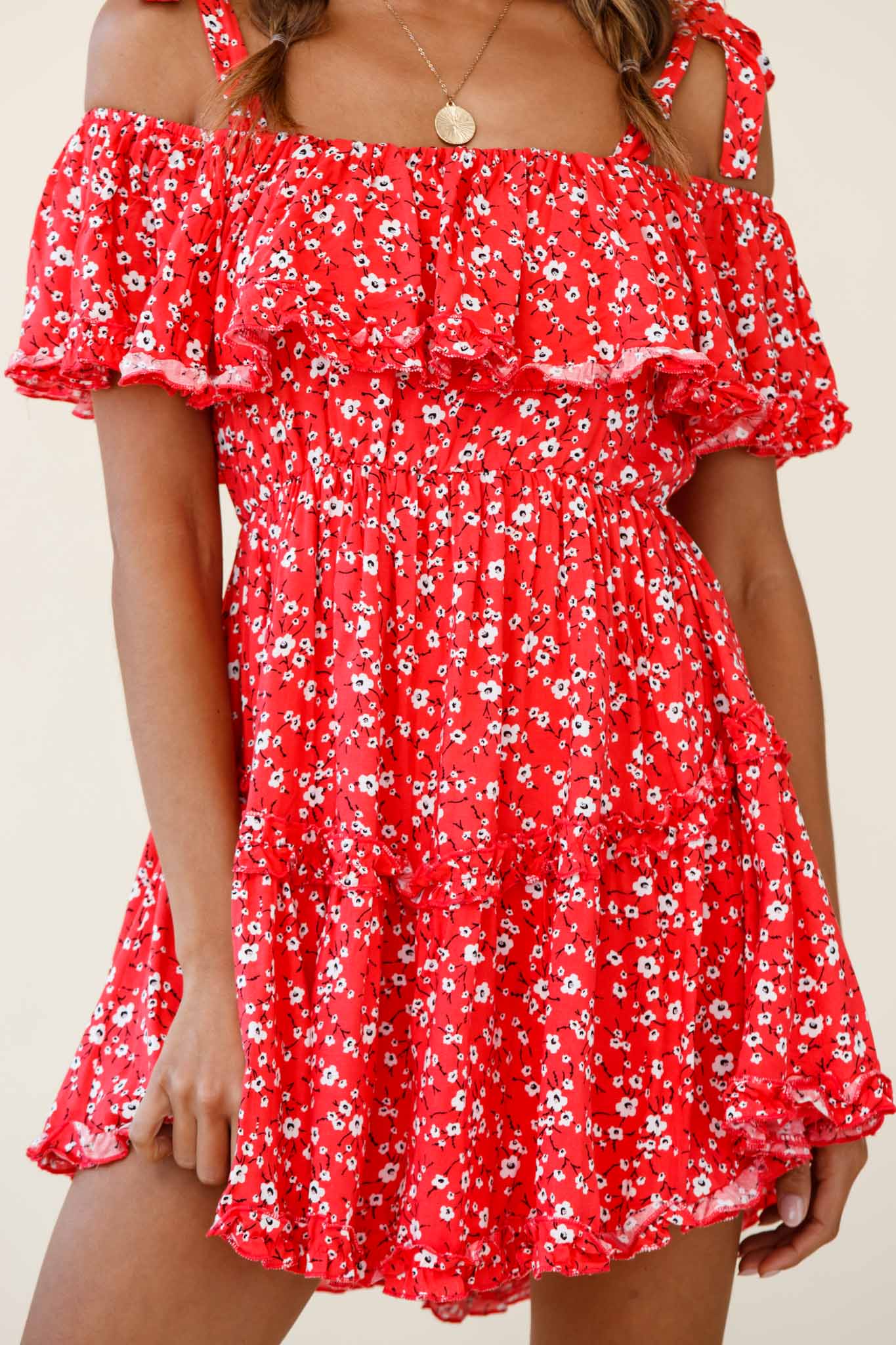Hacienda Bardot Neckline Frill Dress Floral Print Red by Selfie Leslie