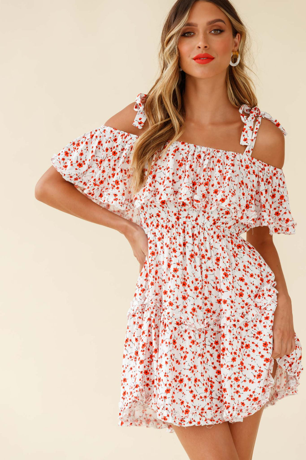 Hacienda Bardot Neckline Frill Dress Floral Print White by Selfie Leslie