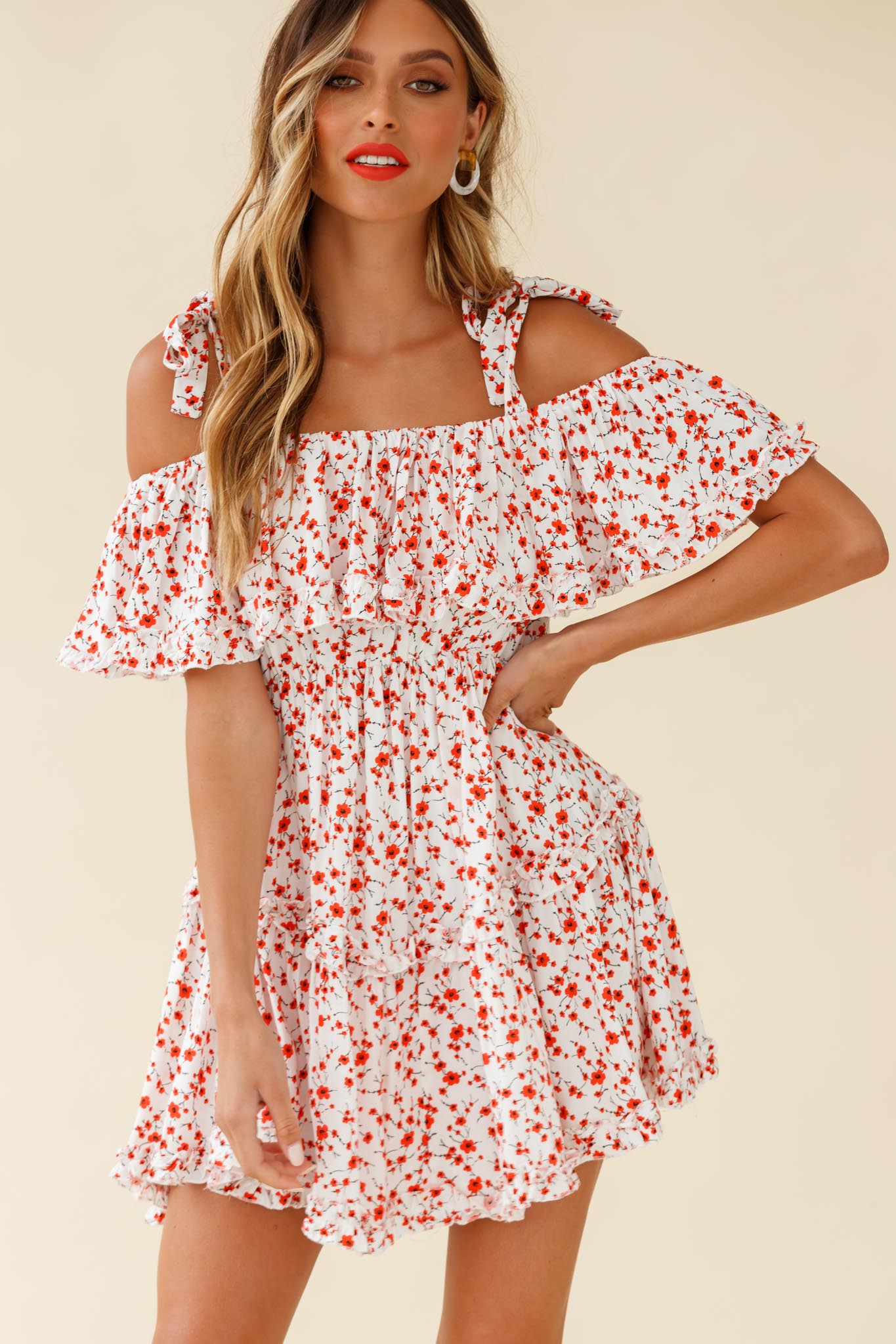 Hacienda Bardot Neckline Frill Dress Floral Print White by Selfie Leslie