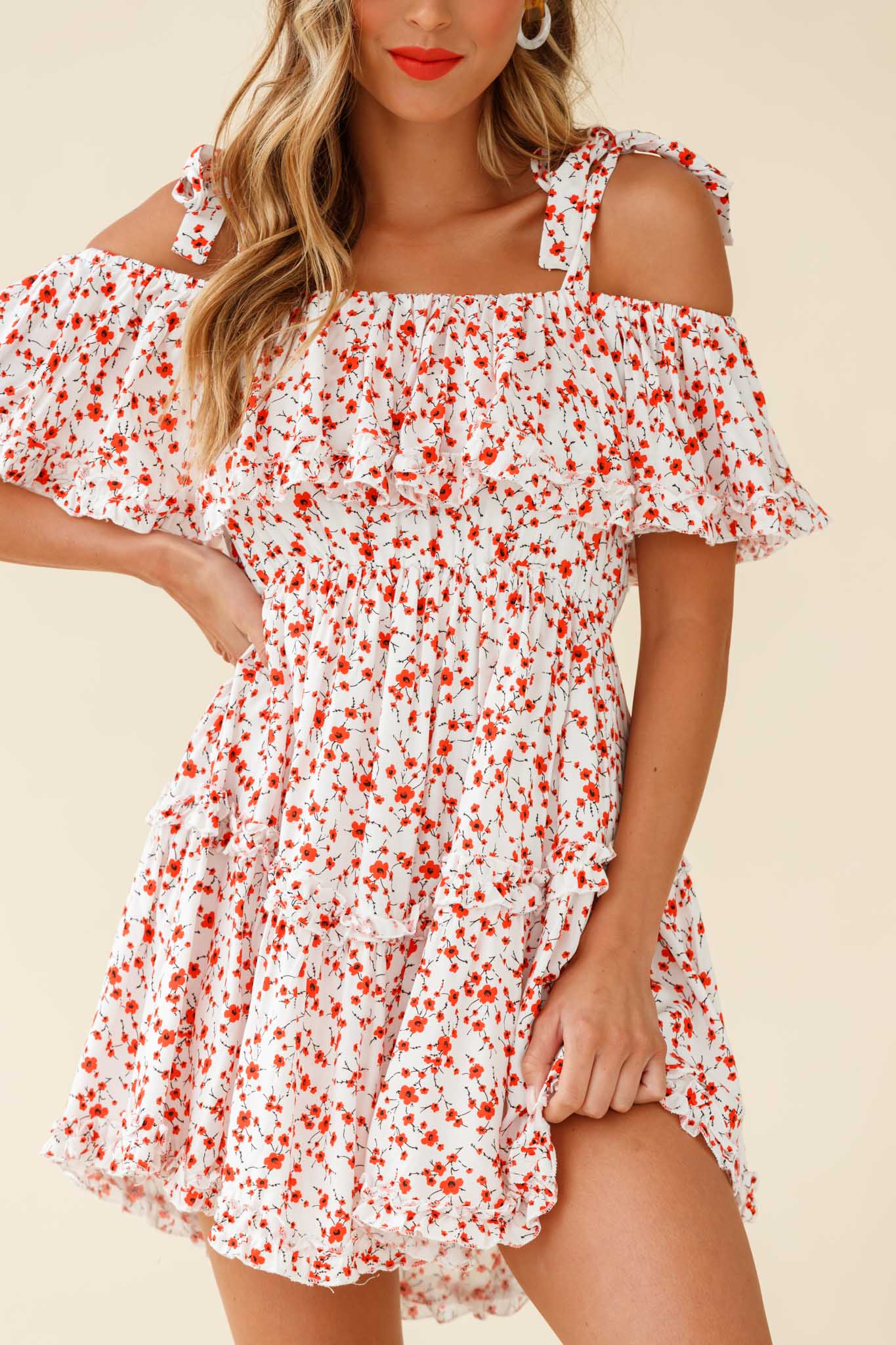 Hacienda Bardot Neckline Frill Dress Floral Print White by Selfie Leslie
