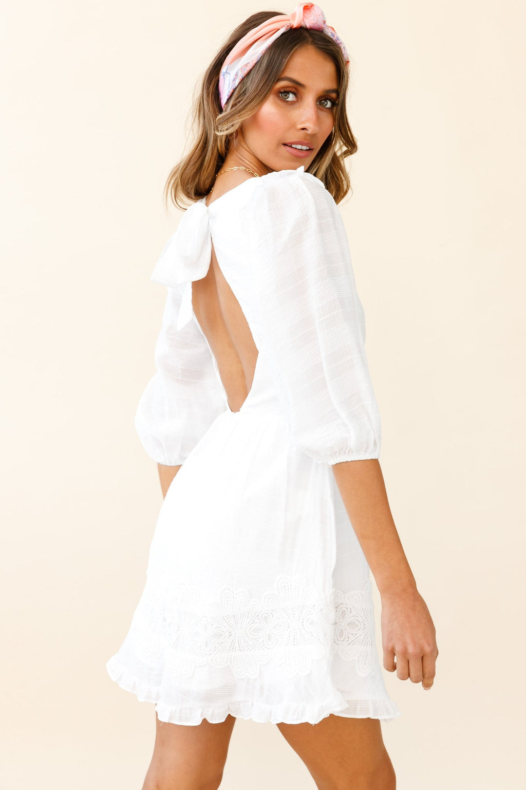 Sunday Morning Applique Embellished Open Back Dress White by Selfie Leslie