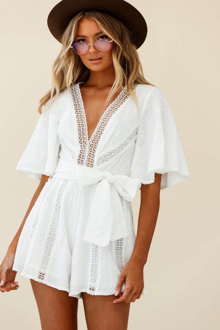 Revival Bell Sleeve Crochet Insert Romper White by Selfie Leslie
