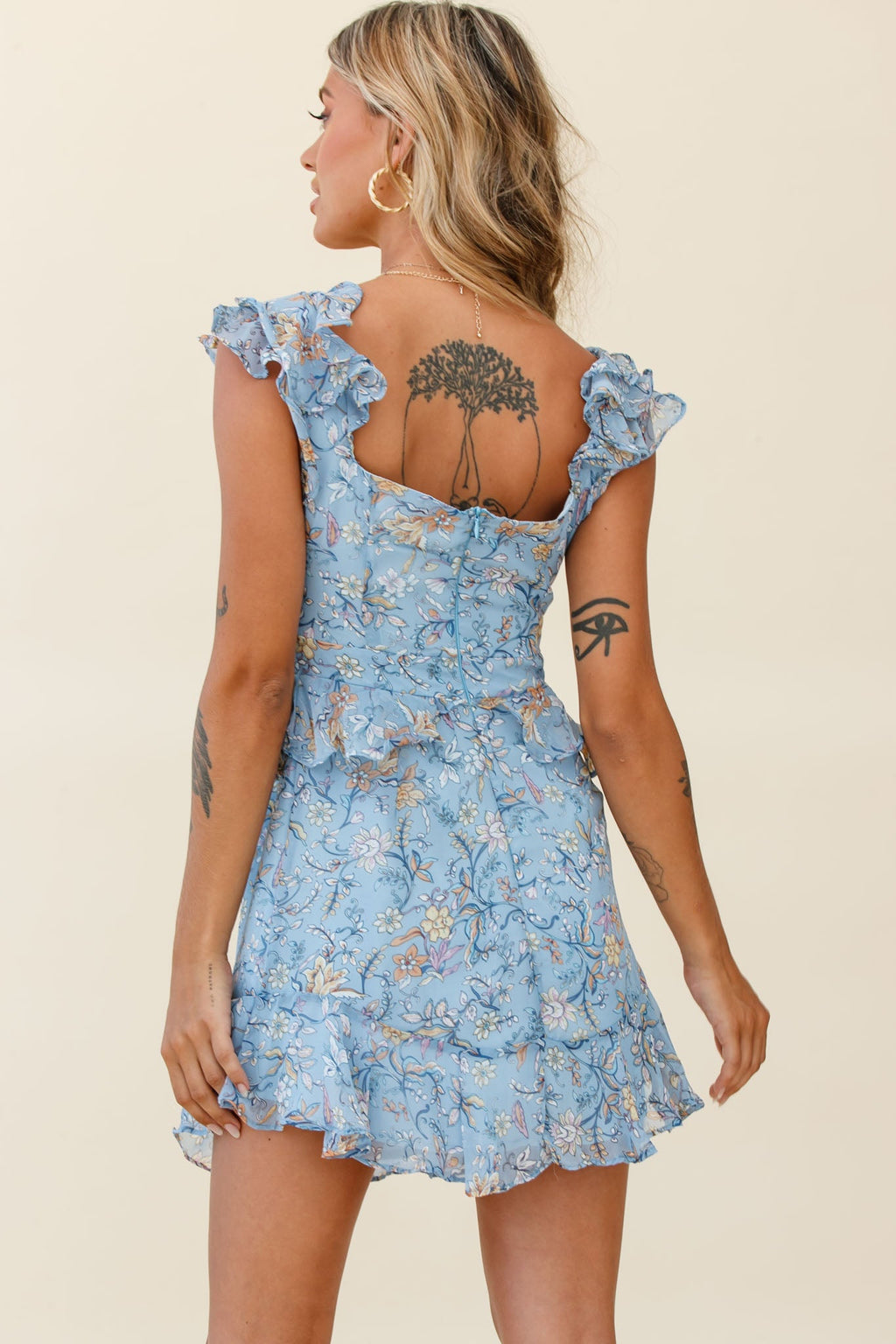 Say That Again Bust Tie Ruffle Trim Dress Floral Print Blue by Selfie Leslie