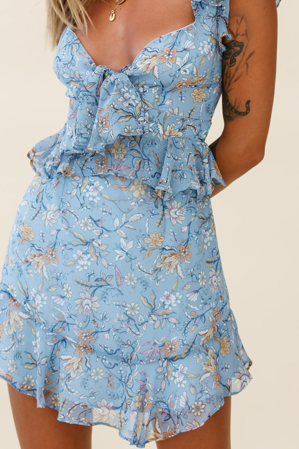 Say That Again Bust Tie Ruffle Trim Dress Floral Print Blue by Selfie Leslie