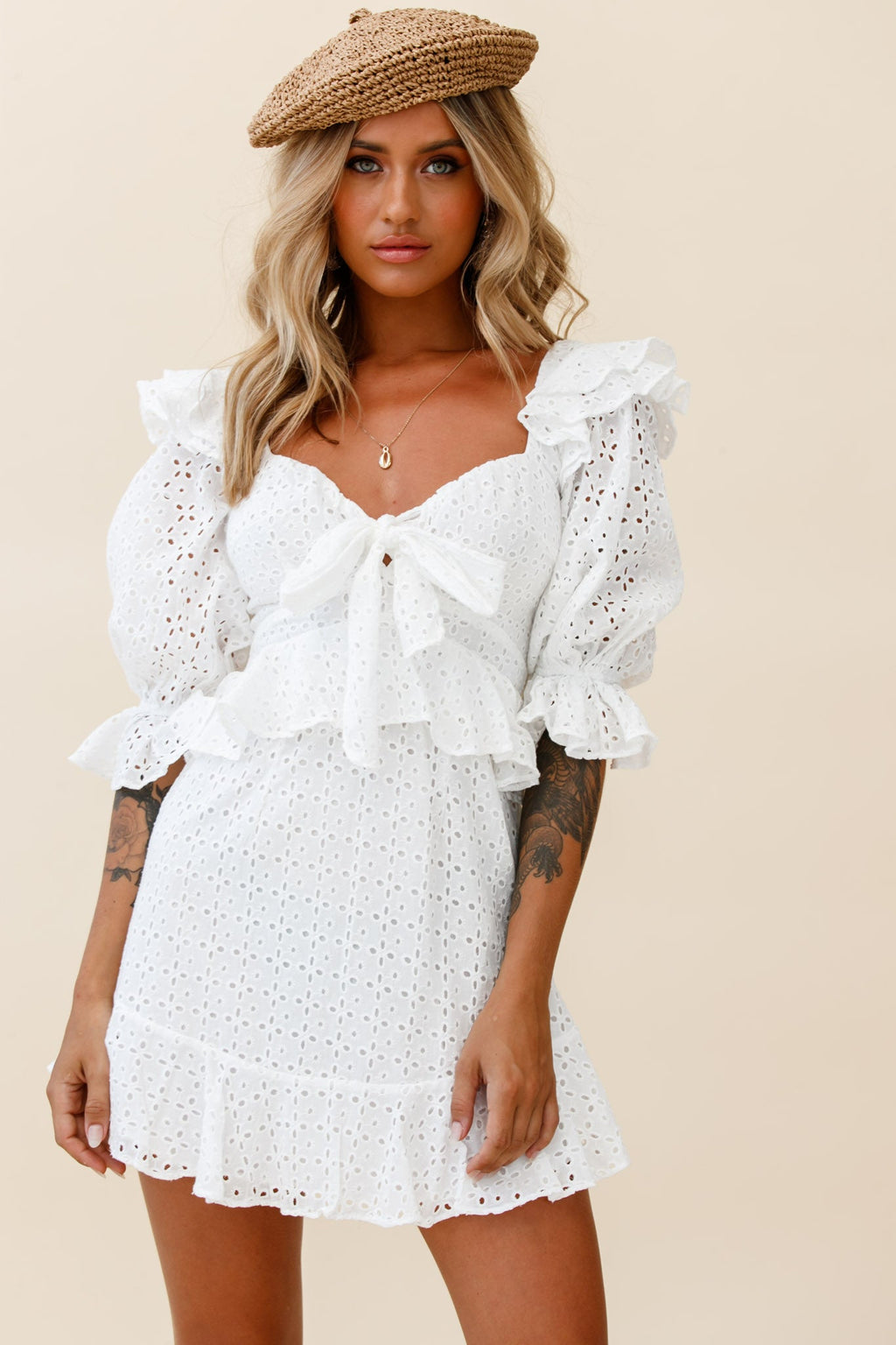 Say That Again Bust Tie Ruffle Trim Dress White by Selfie Leslie