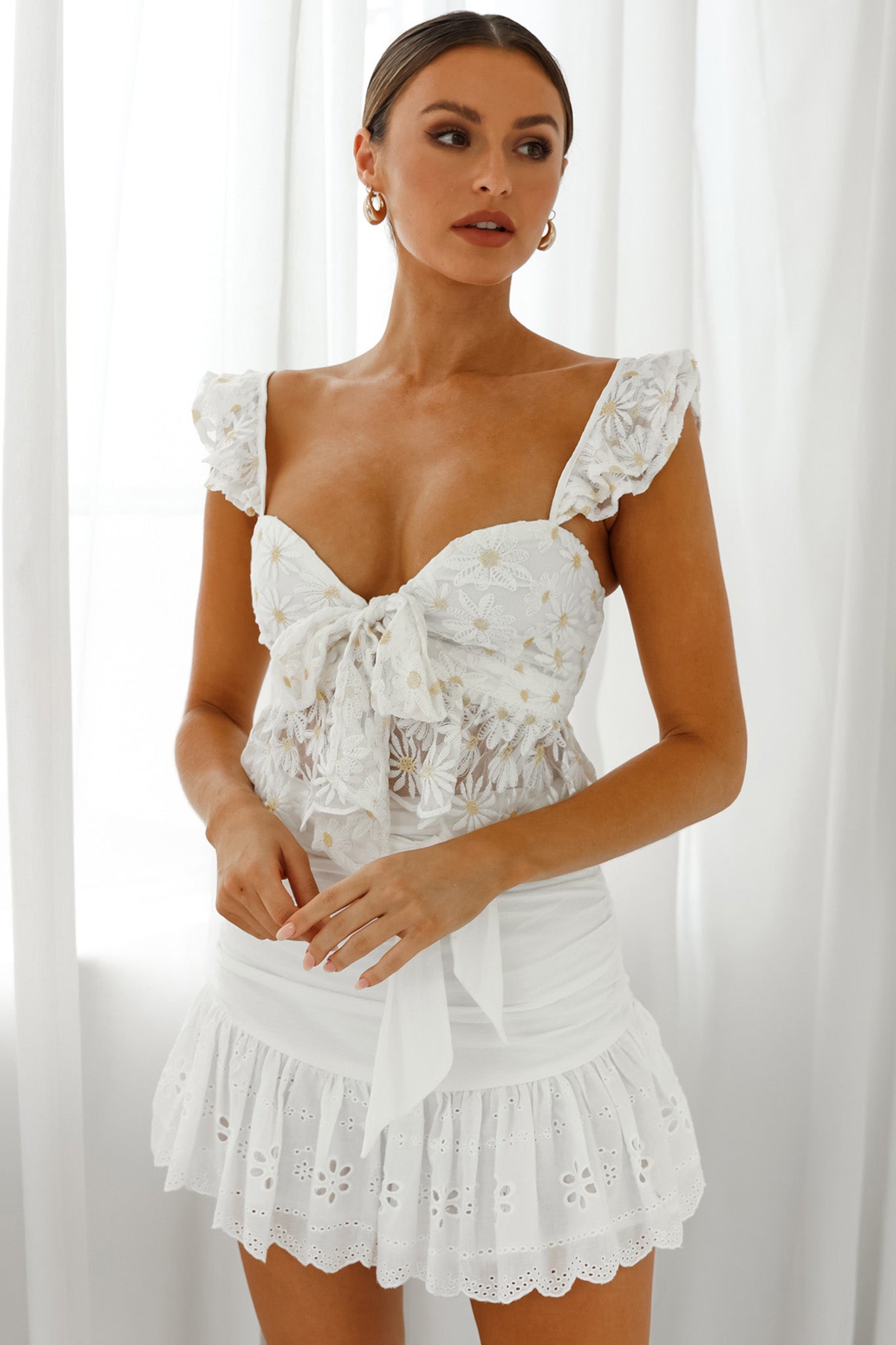 Say That Again Ruffle Shoulder Tied Bust Crop Top White Daisy by Selfie Leslie