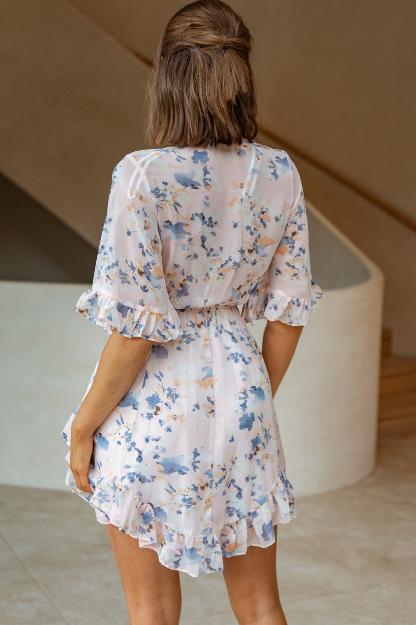 El Cerrito Flared Sleeve Godet Hem Dress Floral Print Pink by Selfie Leslie