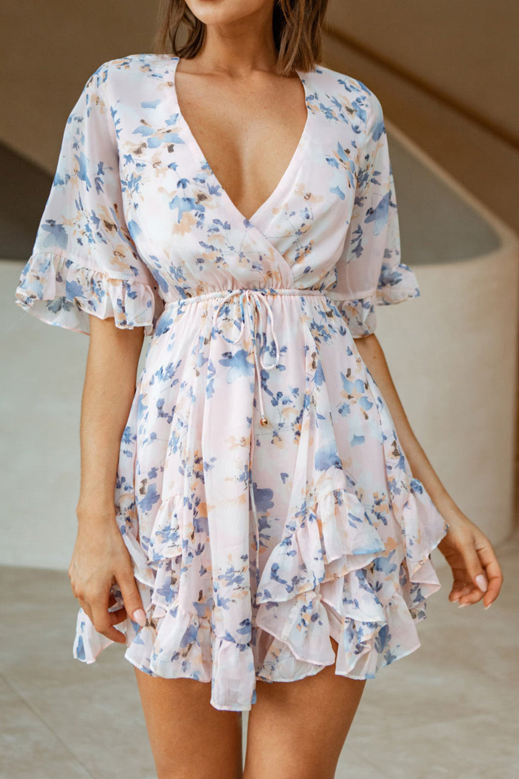 El Cerrito Flared Sleeve Godet Hem Dress Floral Print Pink by Selfie Leslie