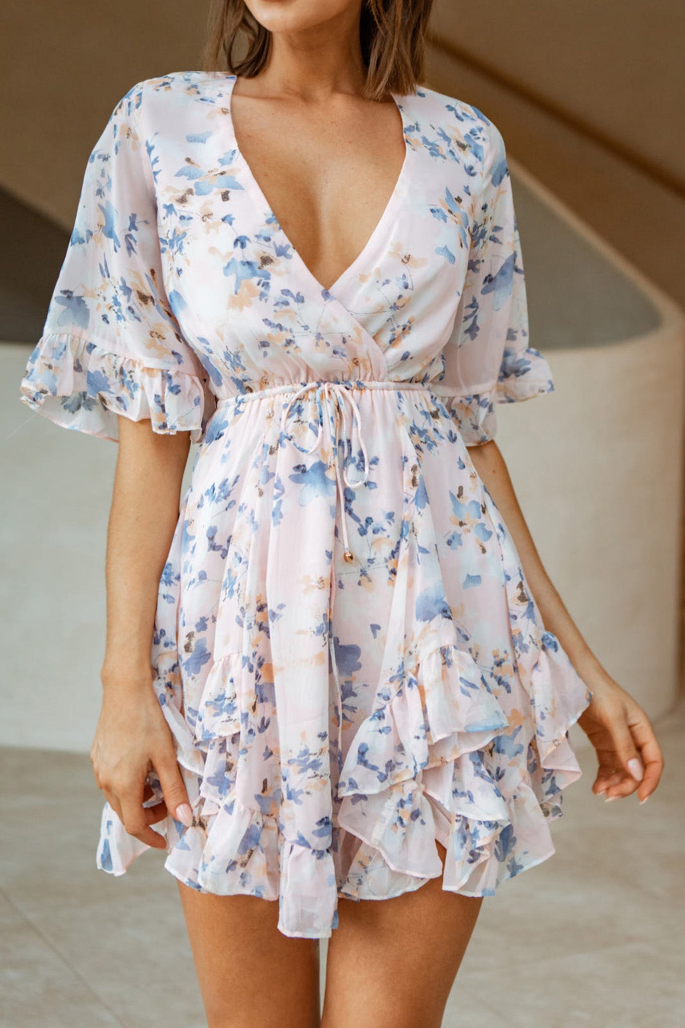 El Cerrito Flared Sleeve Godet Hem Dress Floral Print Pink by Selfie Leslie