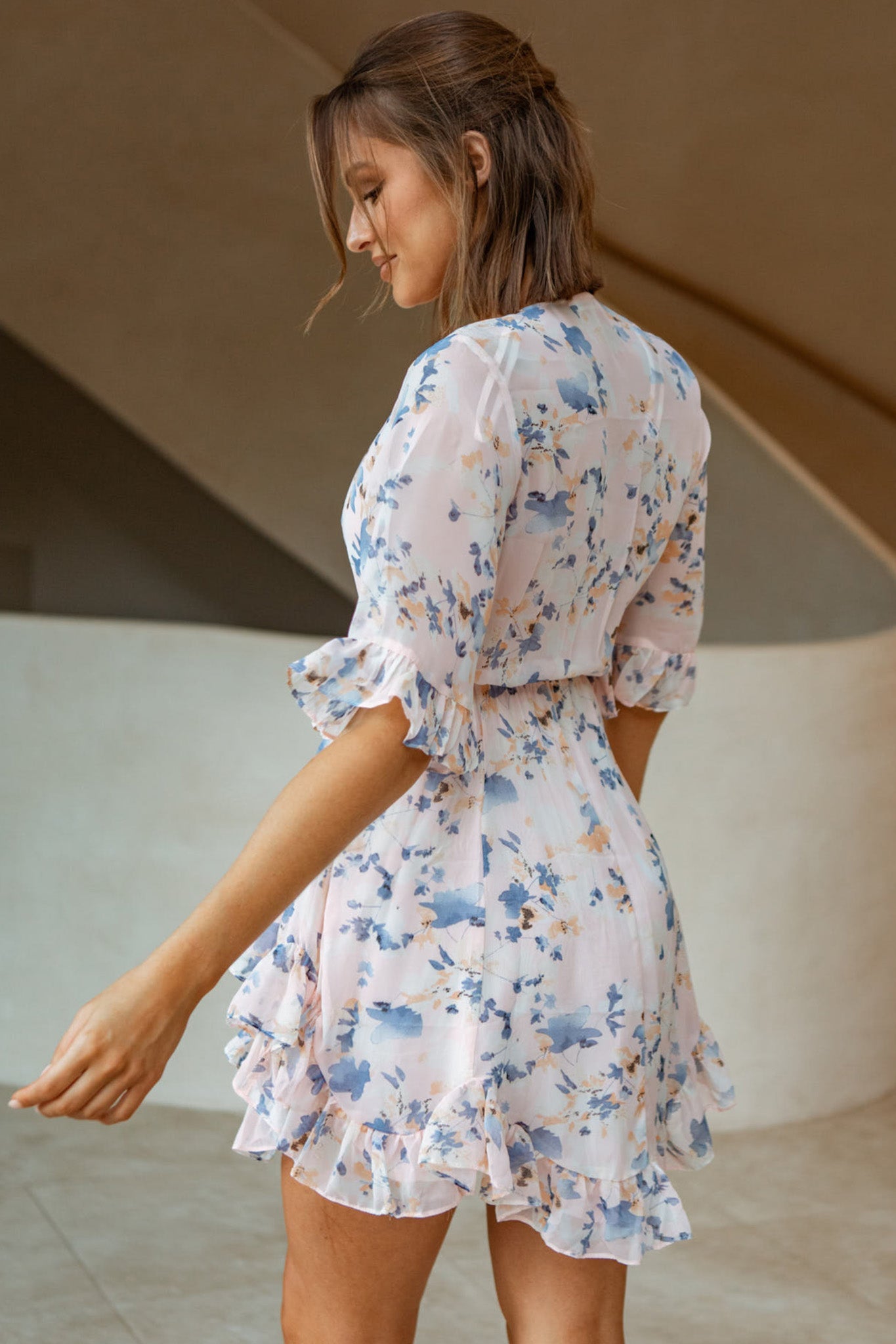 El Cerrito Flared Sleeve Godet Hem Dress Floral Print Pink by Selfie Leslie