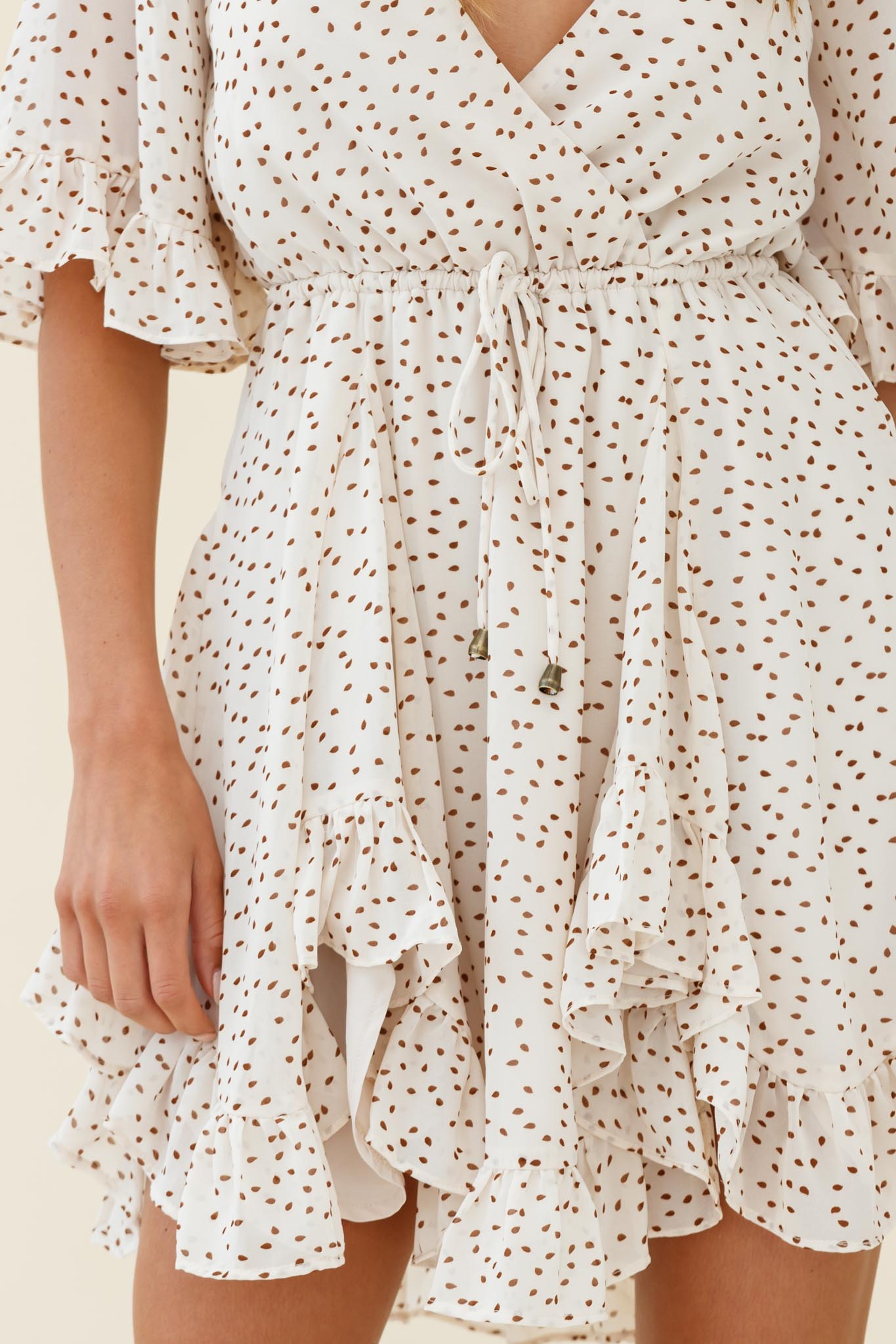 El Cerrito Flared Sleeve Godet Hem Dress Speckle Print Beige by Selfie Leslie