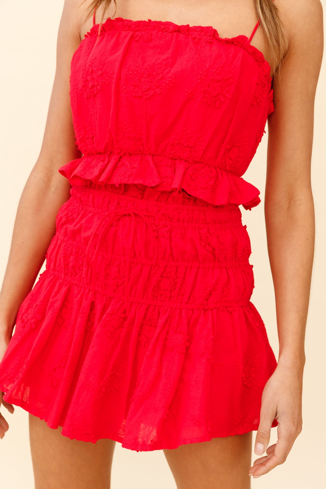 Remember Me Frill Trim Embroidery Textured Crop Top Red by Selfie Leslie