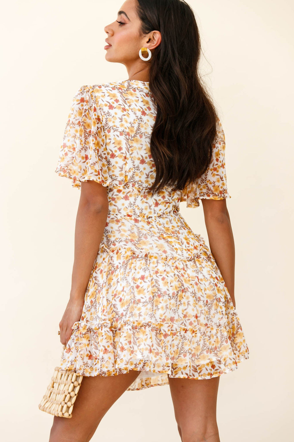 Stolen Moments Angel Sleeve Ruffle Dress Floral Print Yellow Multi by Selfie Leslie
