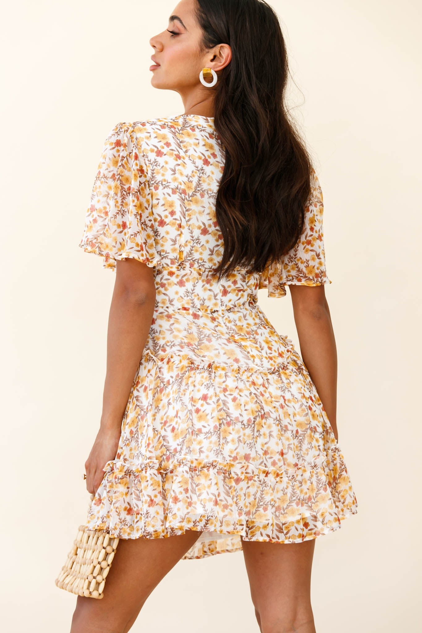 Stolen Moments Angel Sleeve Ruffle Dress Floral Print Yellow Multi by Selfie Leslie