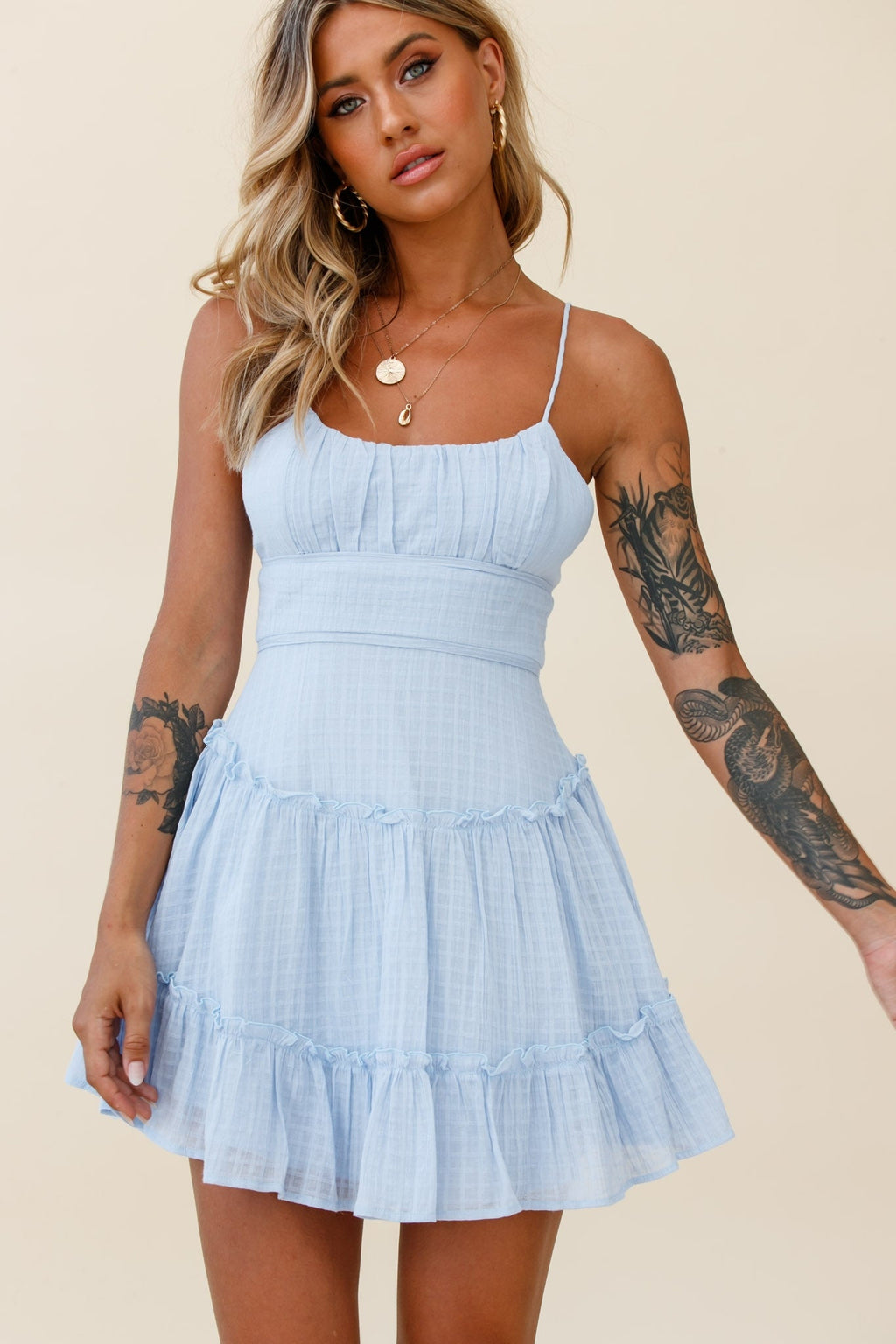 Stolen Moments Cami Strap Ruffle Dress Steel Blue by Selfie Leslie