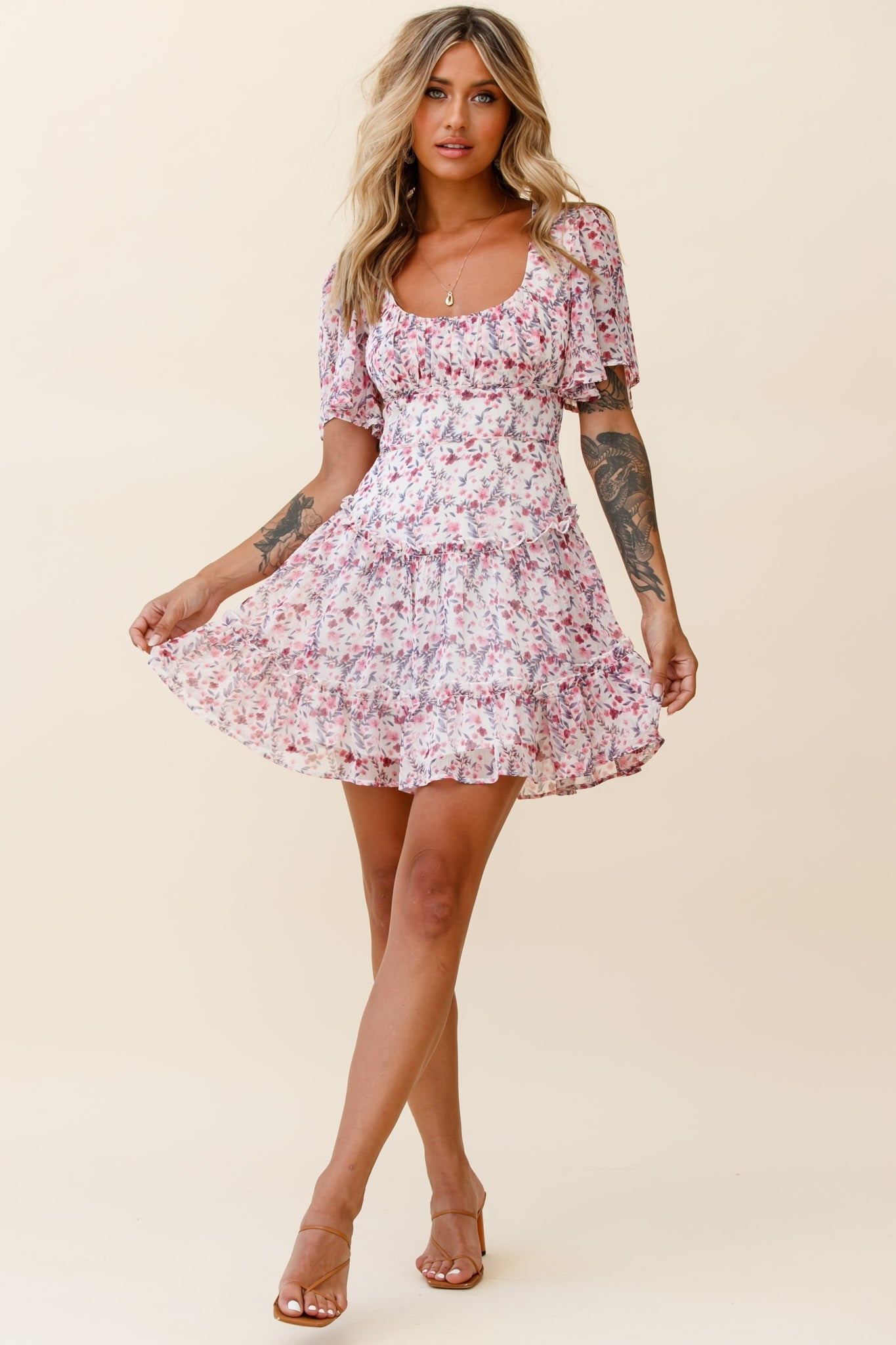 Stolen Moments Angel Sleeve Ruffle Dress Floral Print Pink Multi by Selfie Leslie