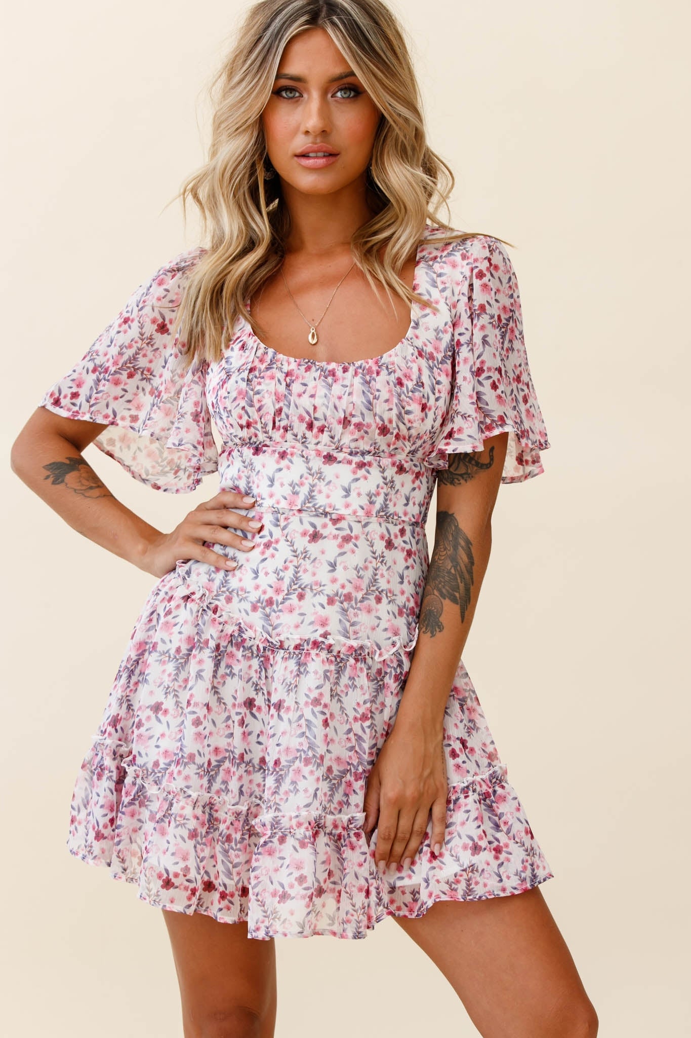 Stolen Moments Angel Sleeve Ruffle Dress Floral Print Pink Multi by Selfie Leslie