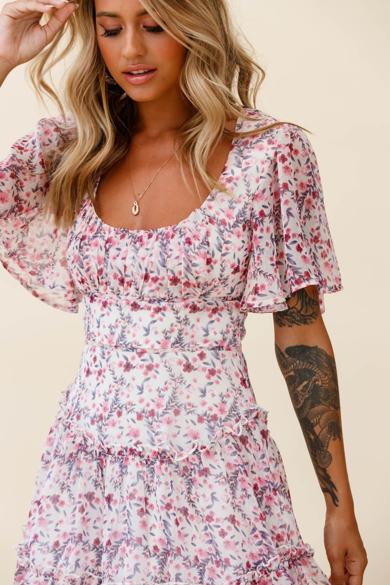 Stolen Moments Angel Sleeve Ruffle Dress Floral Print Pink Multi by Selfie Leslie